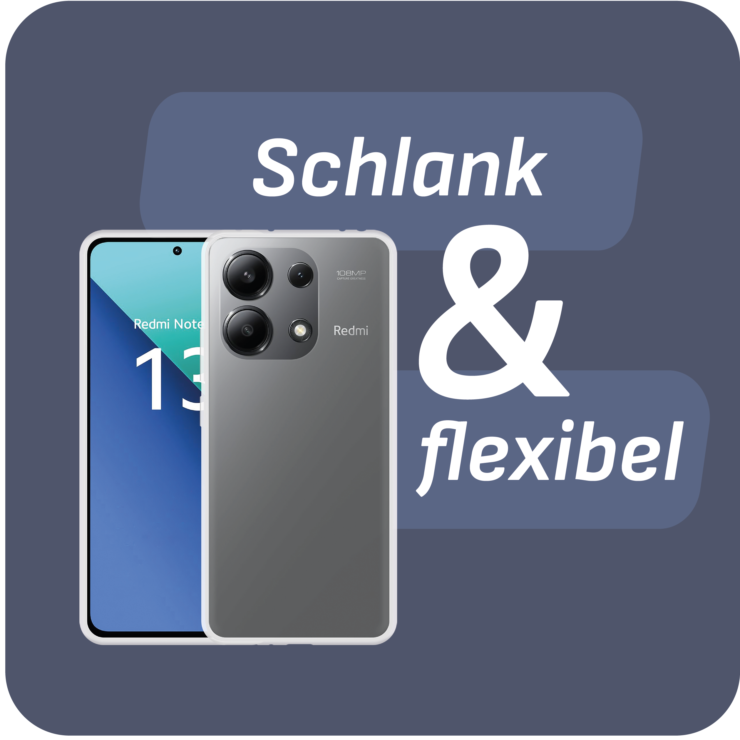Zwei Smartphones mit Text 'Schlank & flexibel', eines blau, eines grau mit Kamera und Redmi-Logo.