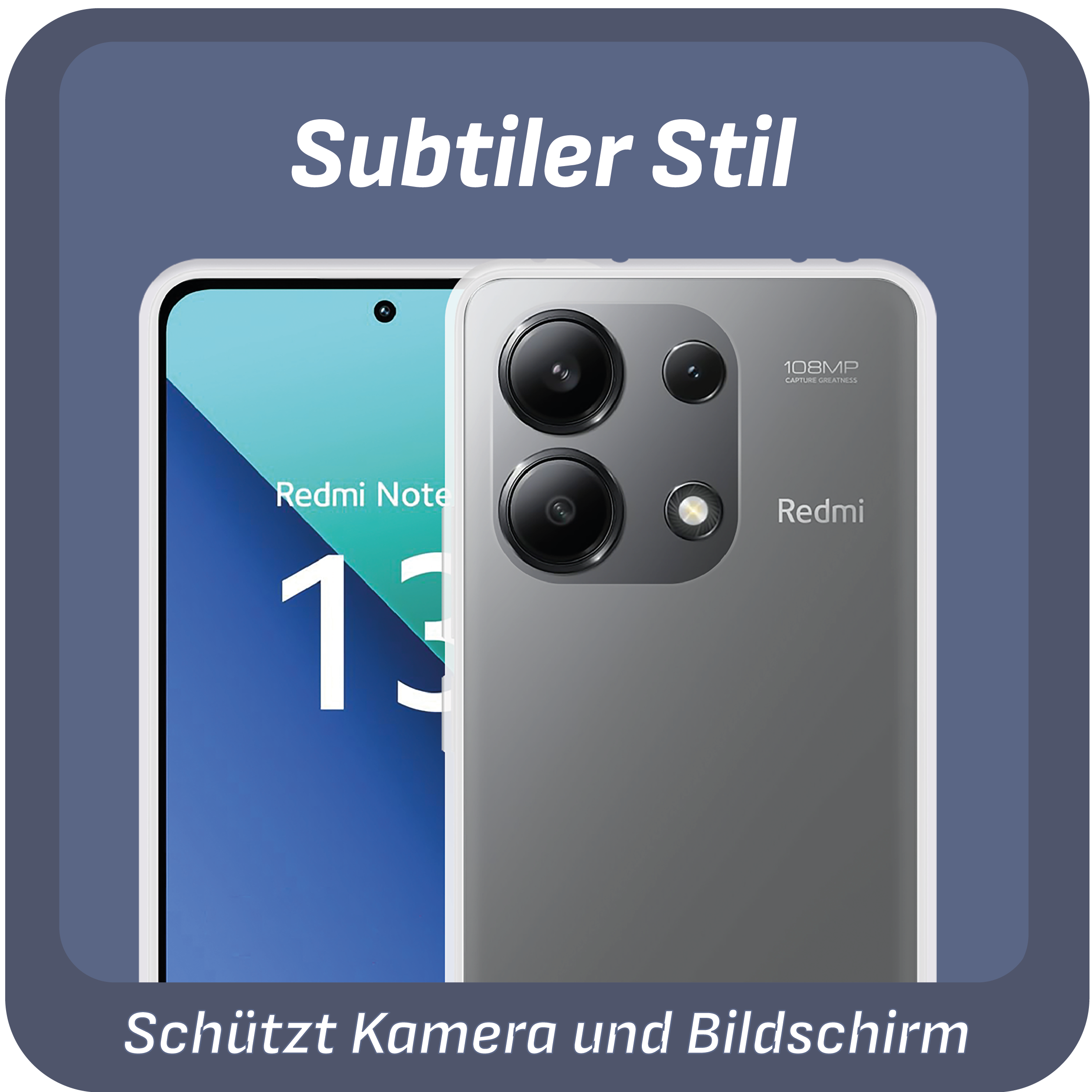Ein Telefon mit Doppel-Kamerasystem auf der Rückseite. Das Telefon ist in einem dunklen Rahmen, Text: Redmi.
