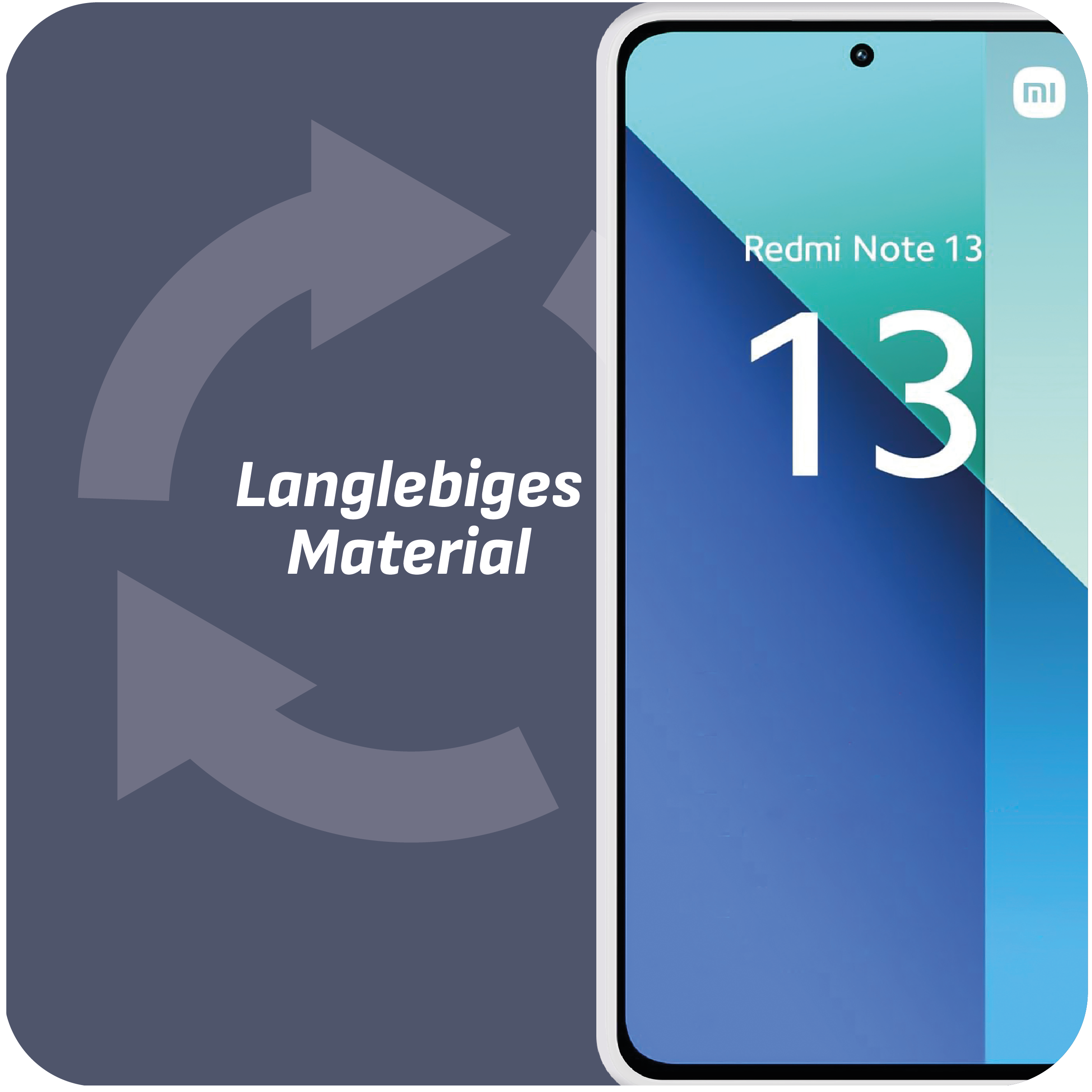 Blaues Telefon mit Text 'Redmi Note 13' und Pfeilen mit Text 'Langlebiges Material'.