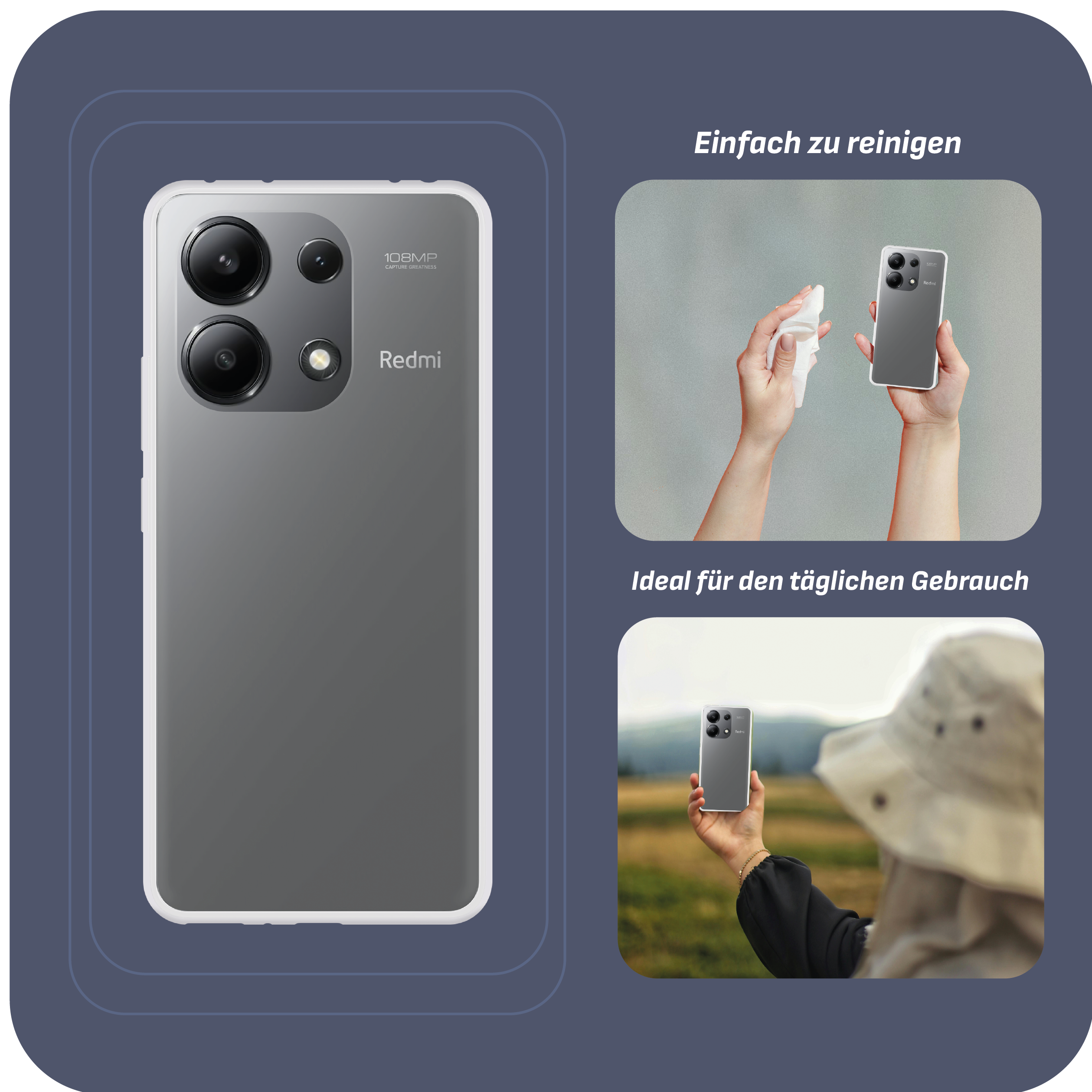 Ein graues Telefon mit weißem Gehäuse wird auf einem dunkelblauen Hintergrund mit Bildern des Telefons gezeigt.