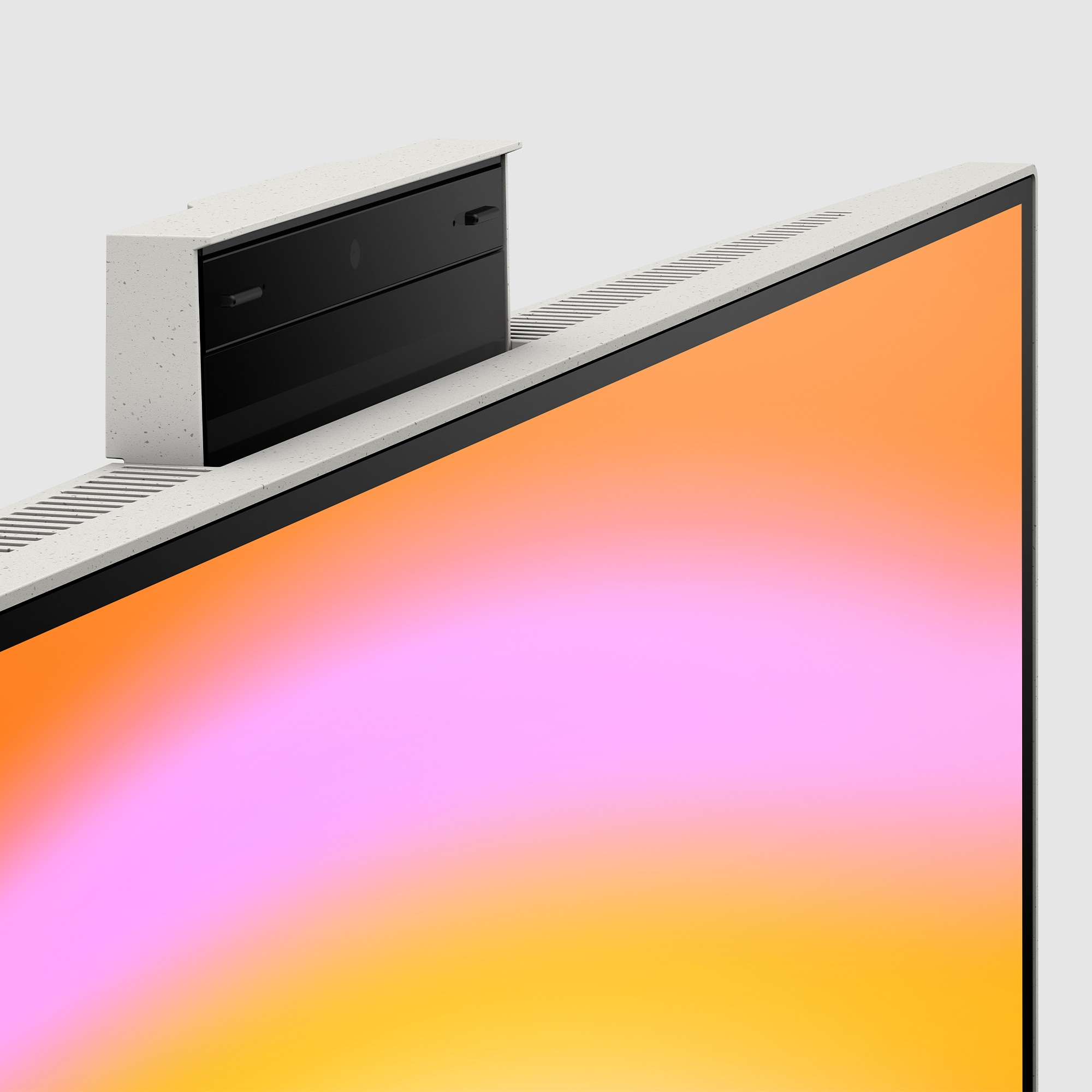 Zbliżenie komputera All-in-one z czarną kamerą internetową i ekranem z gradientem kolorów.