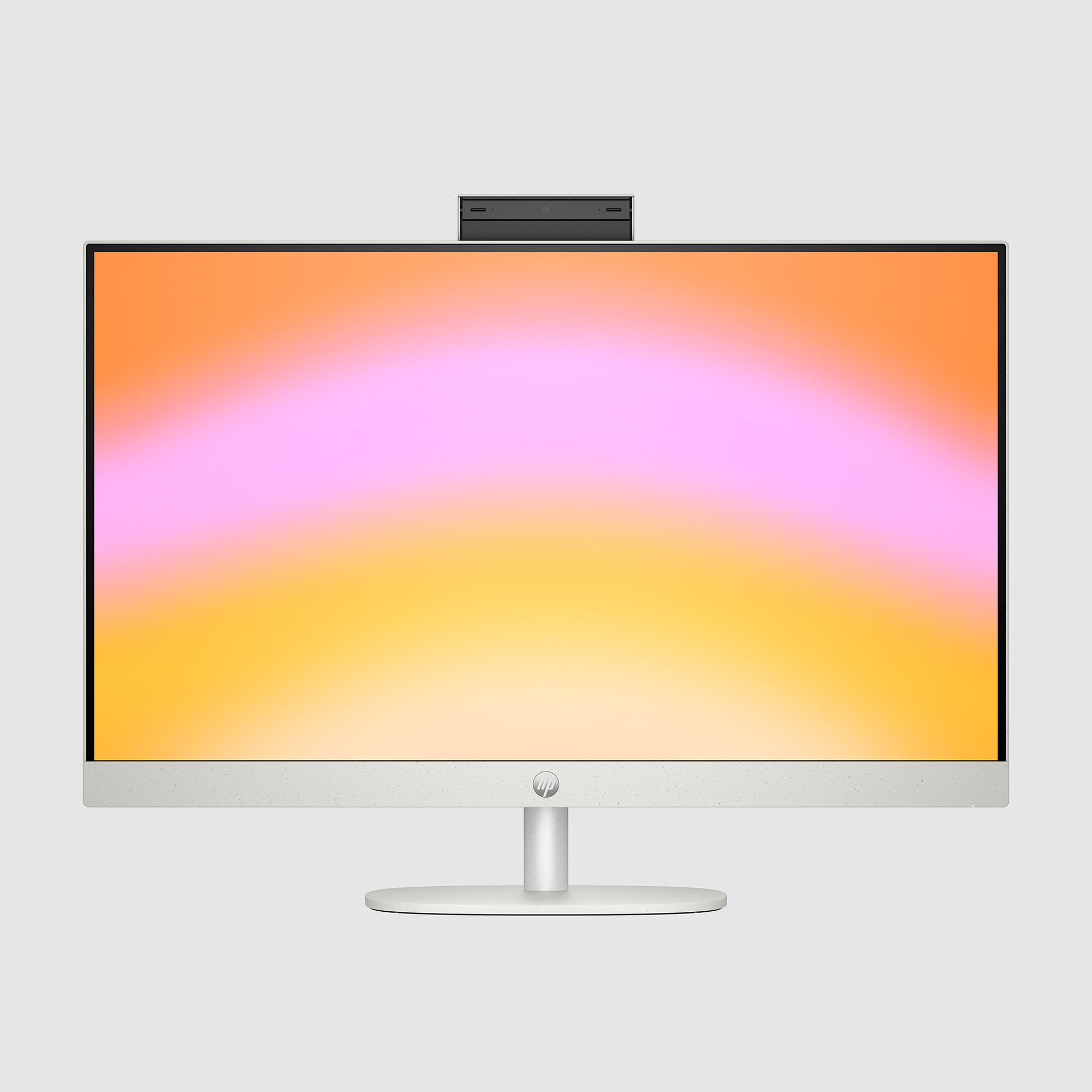 Biały monitor komputera z kolorowym wyświetlaczem i czarną kamerą na górze.