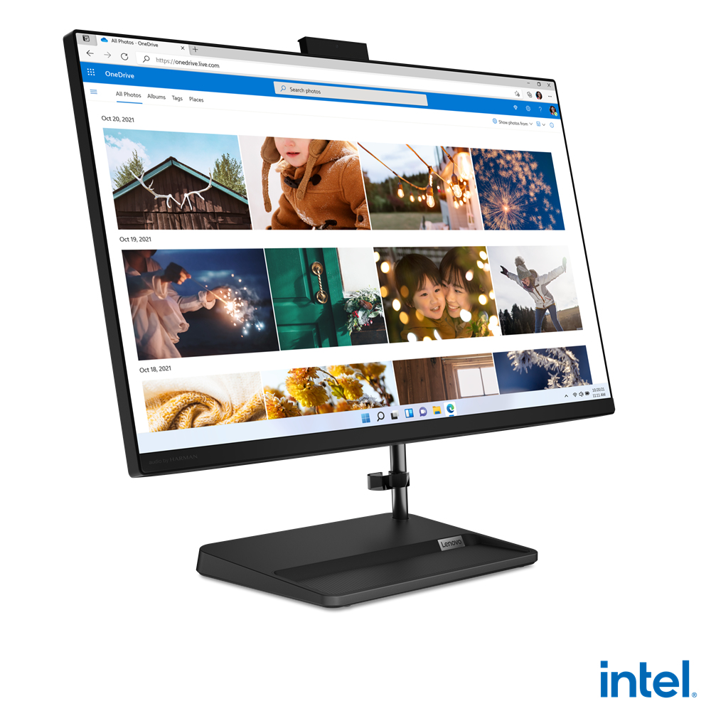 Komputer Lenovo all-in-one wyświetlający galerię zdjęć. Czarna podstawa i stojak. Białe tło. Logo Intel.
