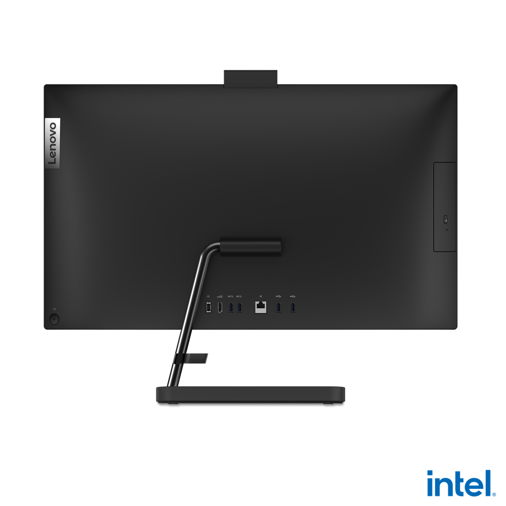 Tył czarnego komputera Lenovo all-in-one, z portami i logo Intel.