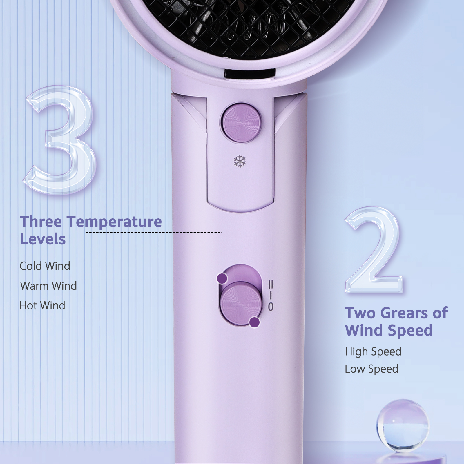 Un secador de pelo morado con tres niveles de temperatura y dos velocidades de viento.