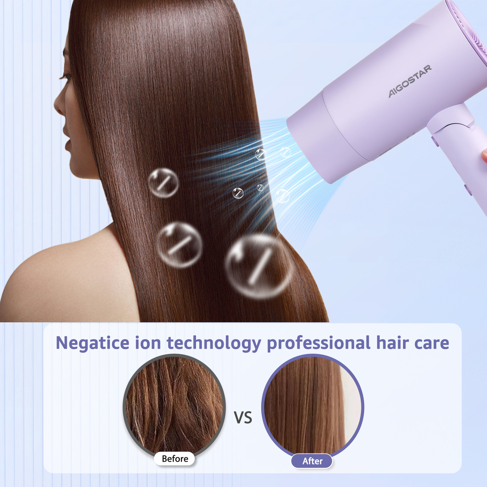 Mujer usando un secador de pelo morado. Comparación del cabello antes y después: encrespado vs. suave. Texto dice 'Tecnología de iones negativos'.
