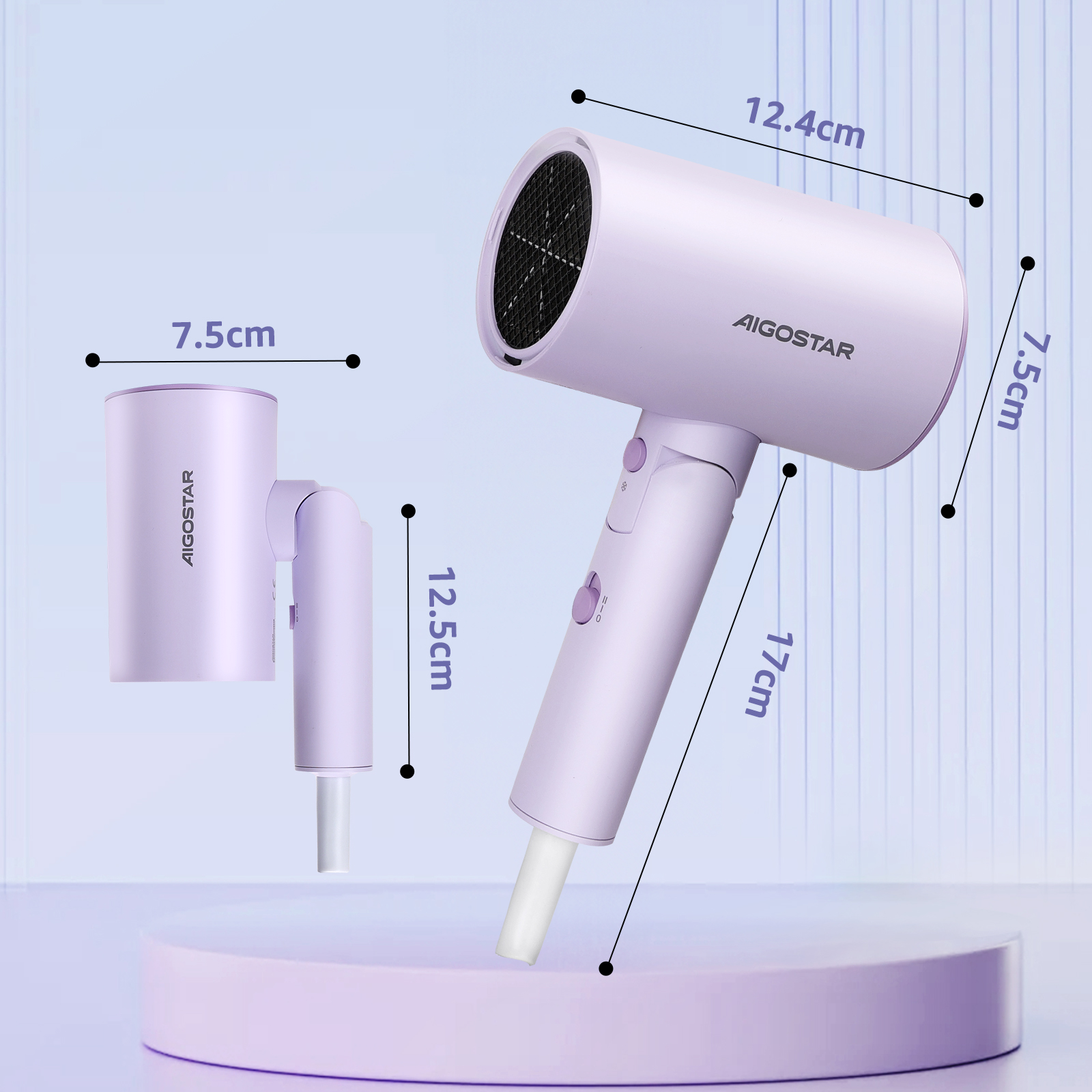 Secador de pelo AIGOSTAR lavanda con medidas y soporte. Boquilla y soporte adicionales.