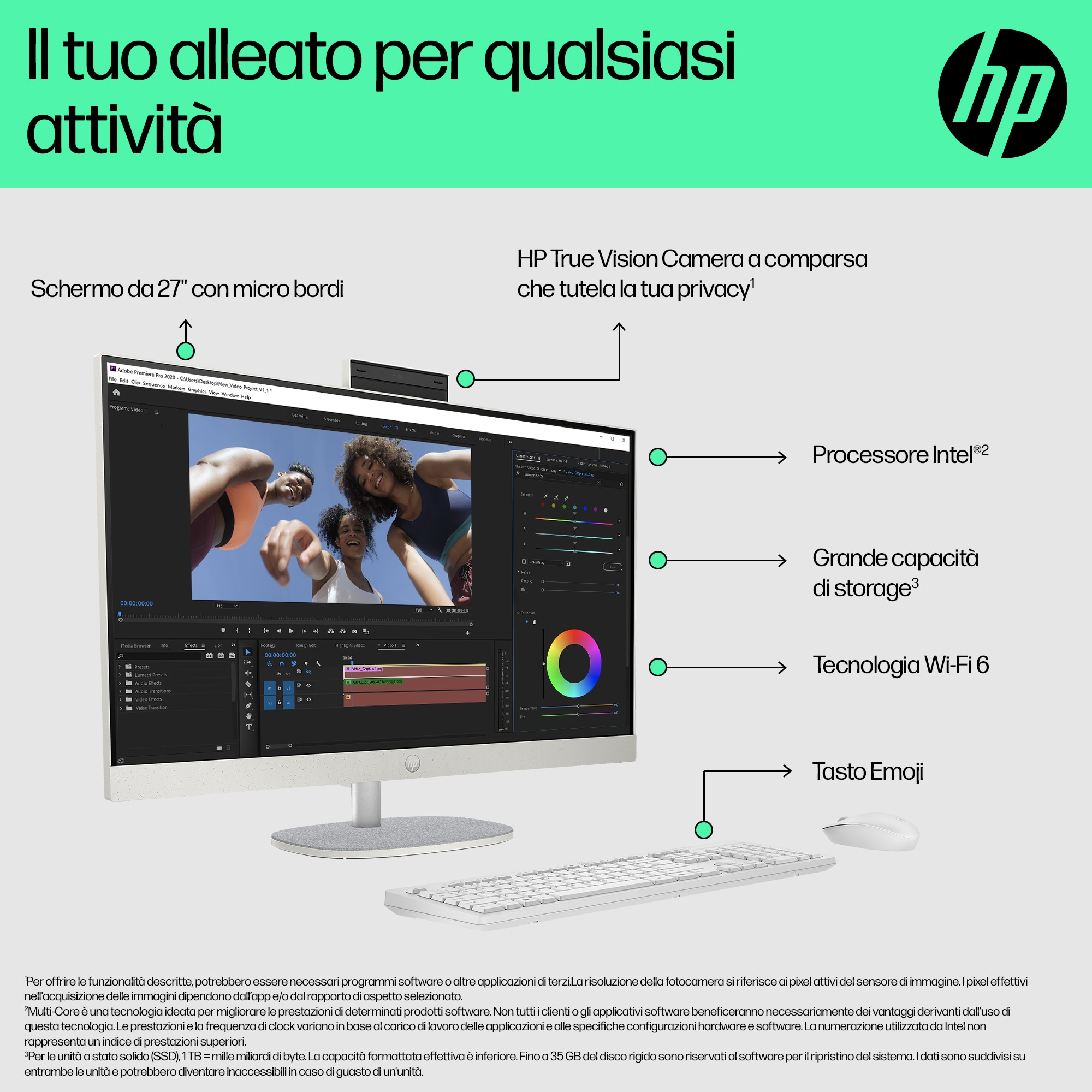 Komputer HP all-in-one z wyświetlaczem interfejsu edycji wideo.