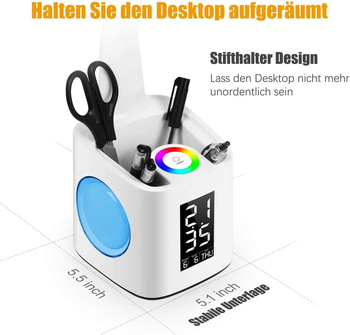 Weißer Schreibtisch-Organizer mit Digitaluhr, Schere, Stiften und Lichtring.