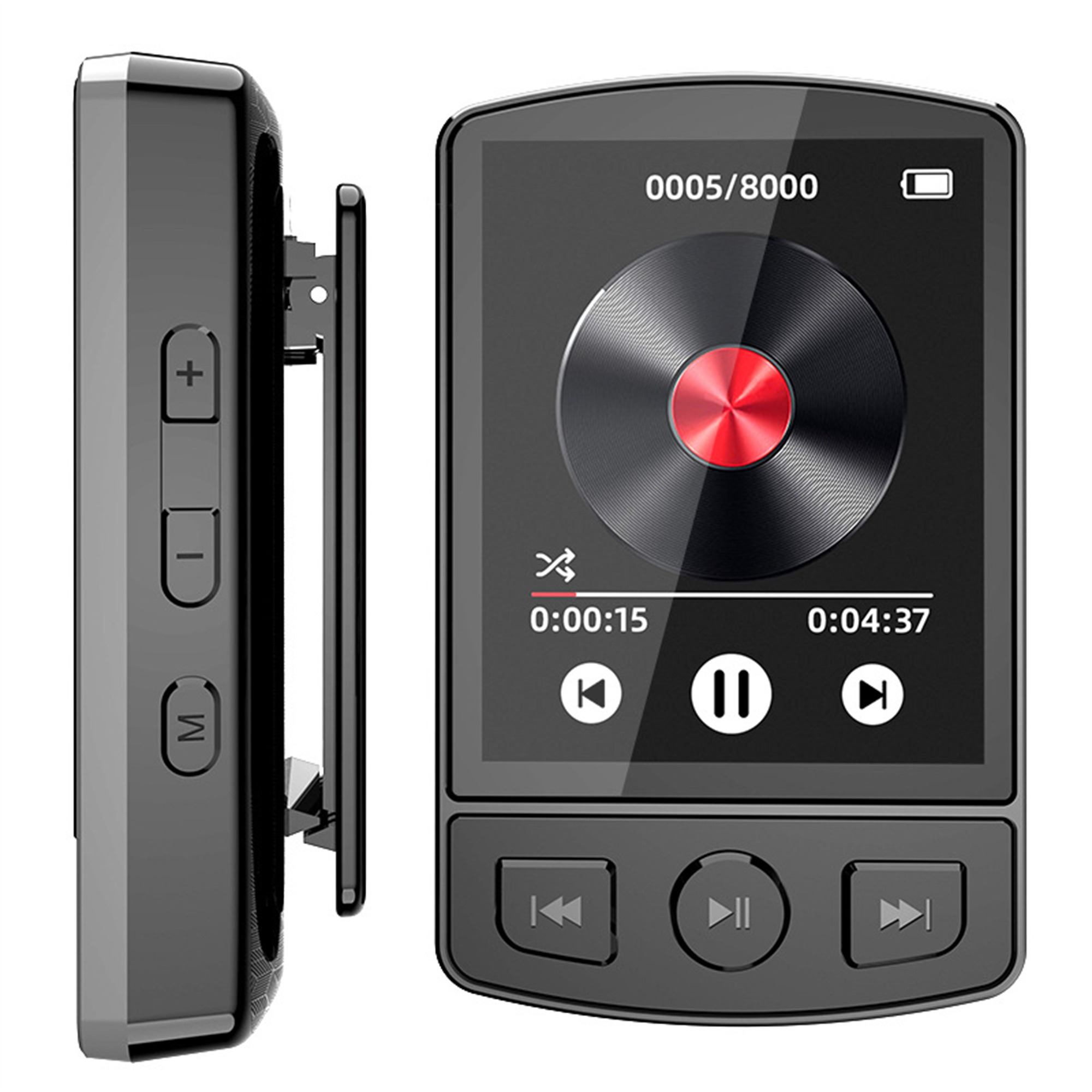 Schwarzer MP3-Player, Seiten- und Frontansicht. Hat einen Bildschirm und Tasten zur Musiksteuerung.