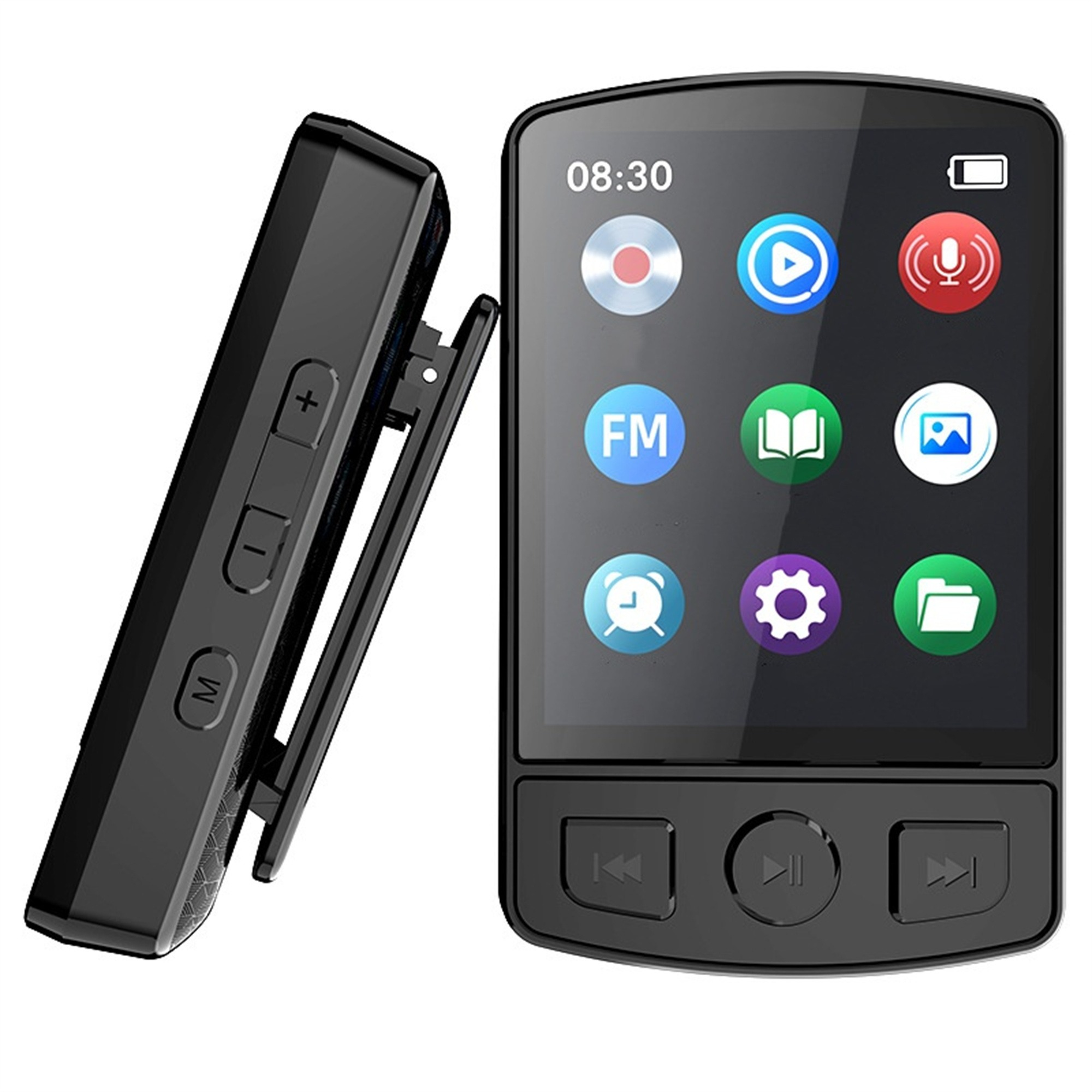 Schwarzer MP3-Player mit Bildschirm und Knöpfen, mit zusätzlichem Clip-on-Seite.