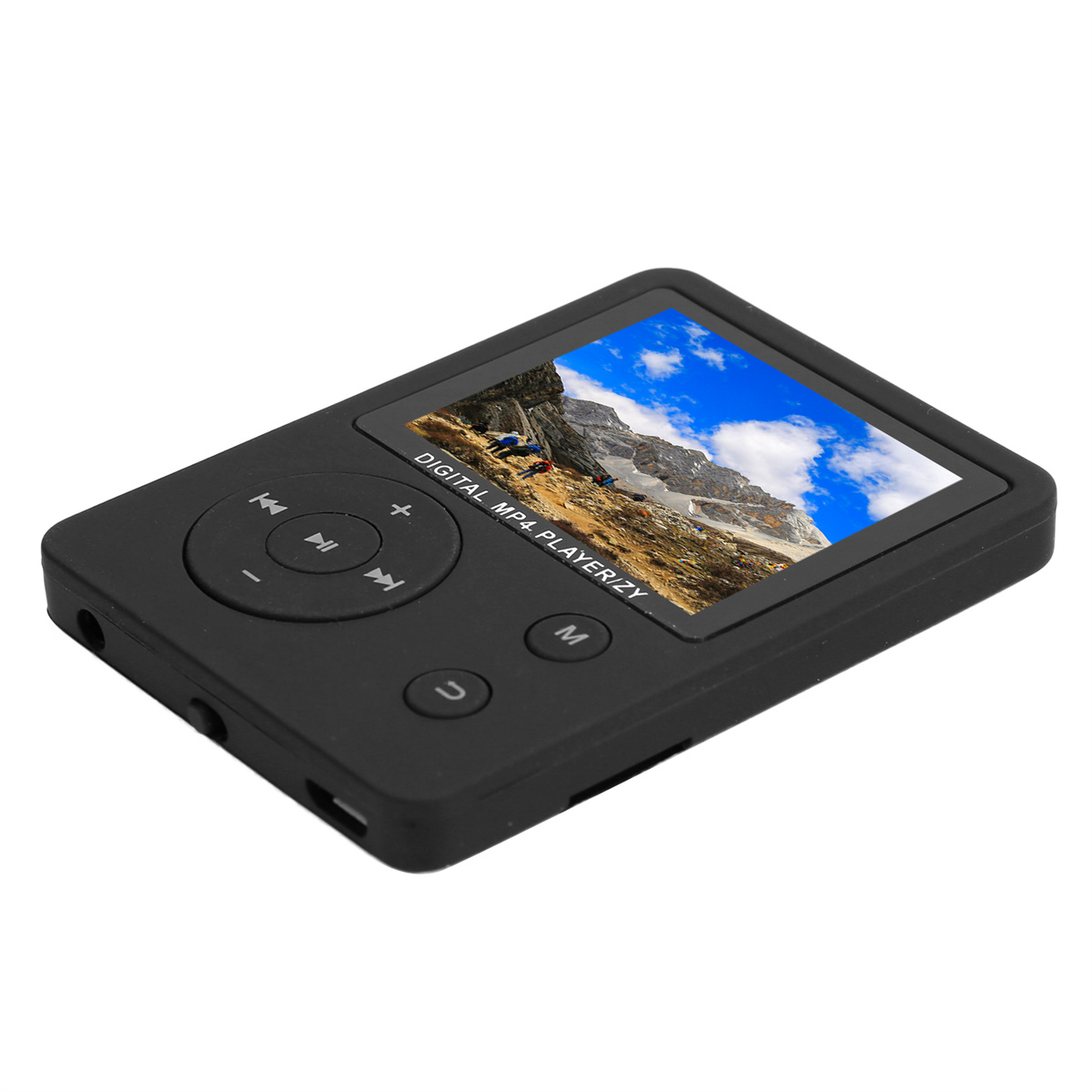 Schwarzer digitaler MP4-Player mit einem Bildschirm, der eine Berglandschaft zeigt.