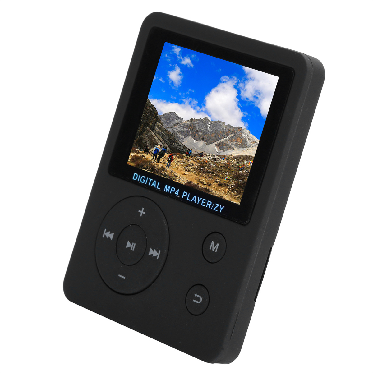 Schwarzer MP4-Player mit Bildschirm, der eine Berglandschaft zeigt. Knöpfe zur Navigation und Wiedergabe.
