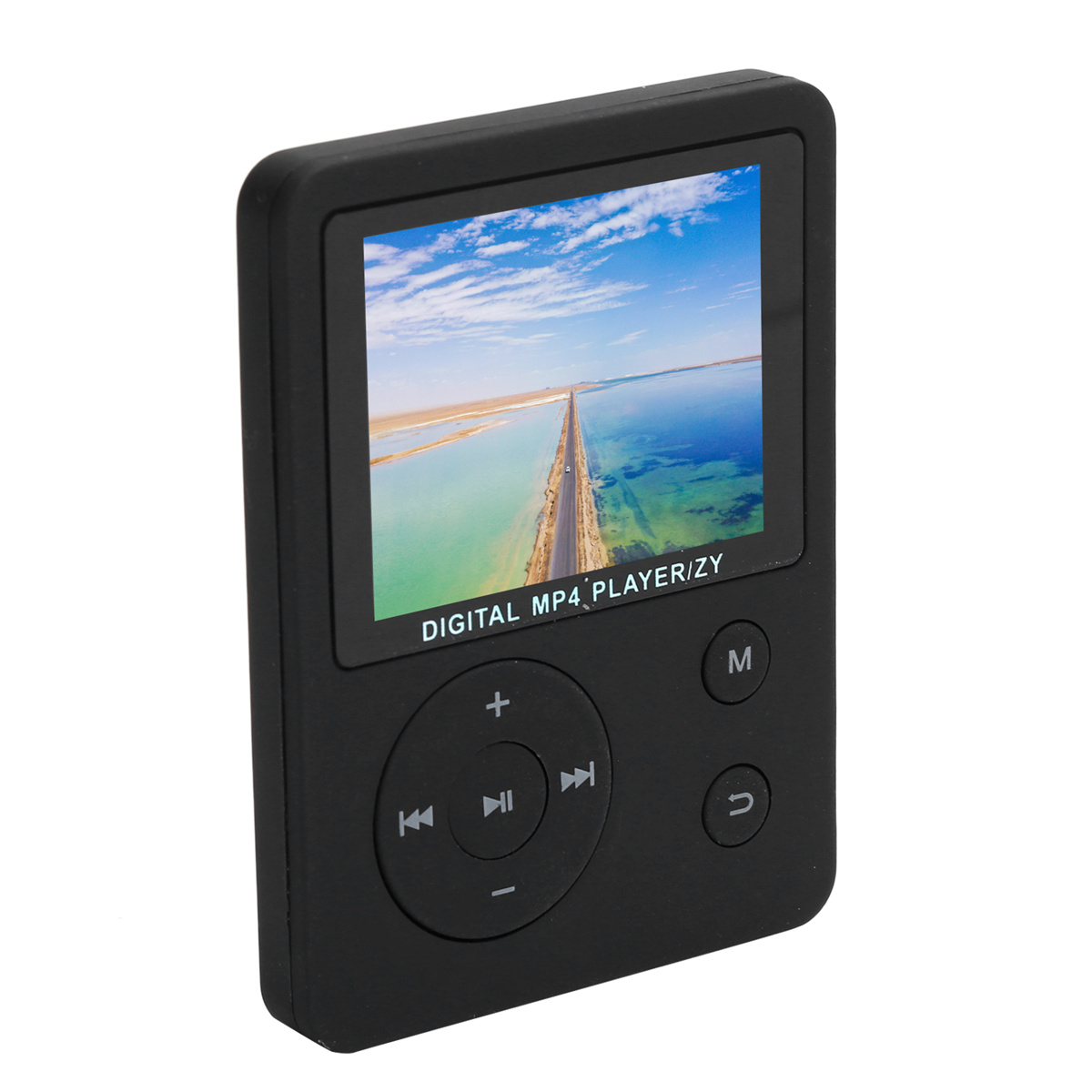 Schwarzer digitaler MP4-Player/ZY mit Bildschirm, der eine Landschaft zeigt.