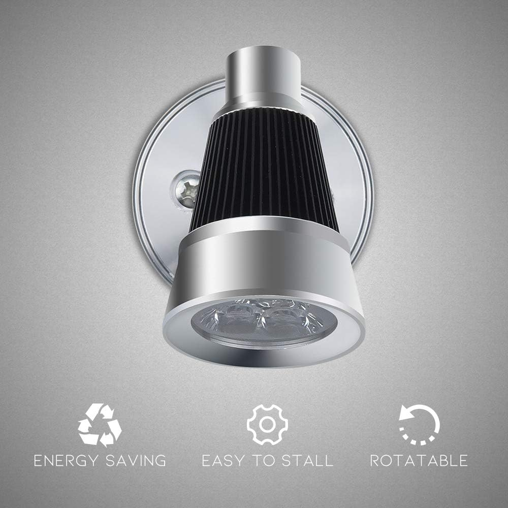 Silberne und schwarze LED-Leuchte an der Wand mit drei Symbolen darunter.