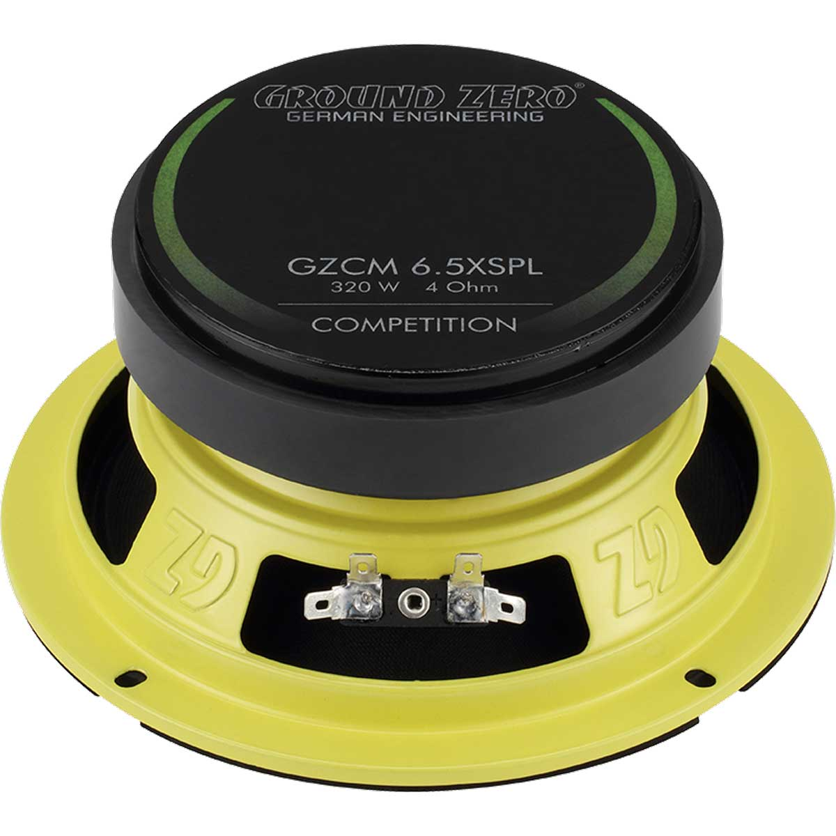 Gelb-schwarzer Subwoofer-Lautsprecher. Es hat ein großes kreisförmiges Design.