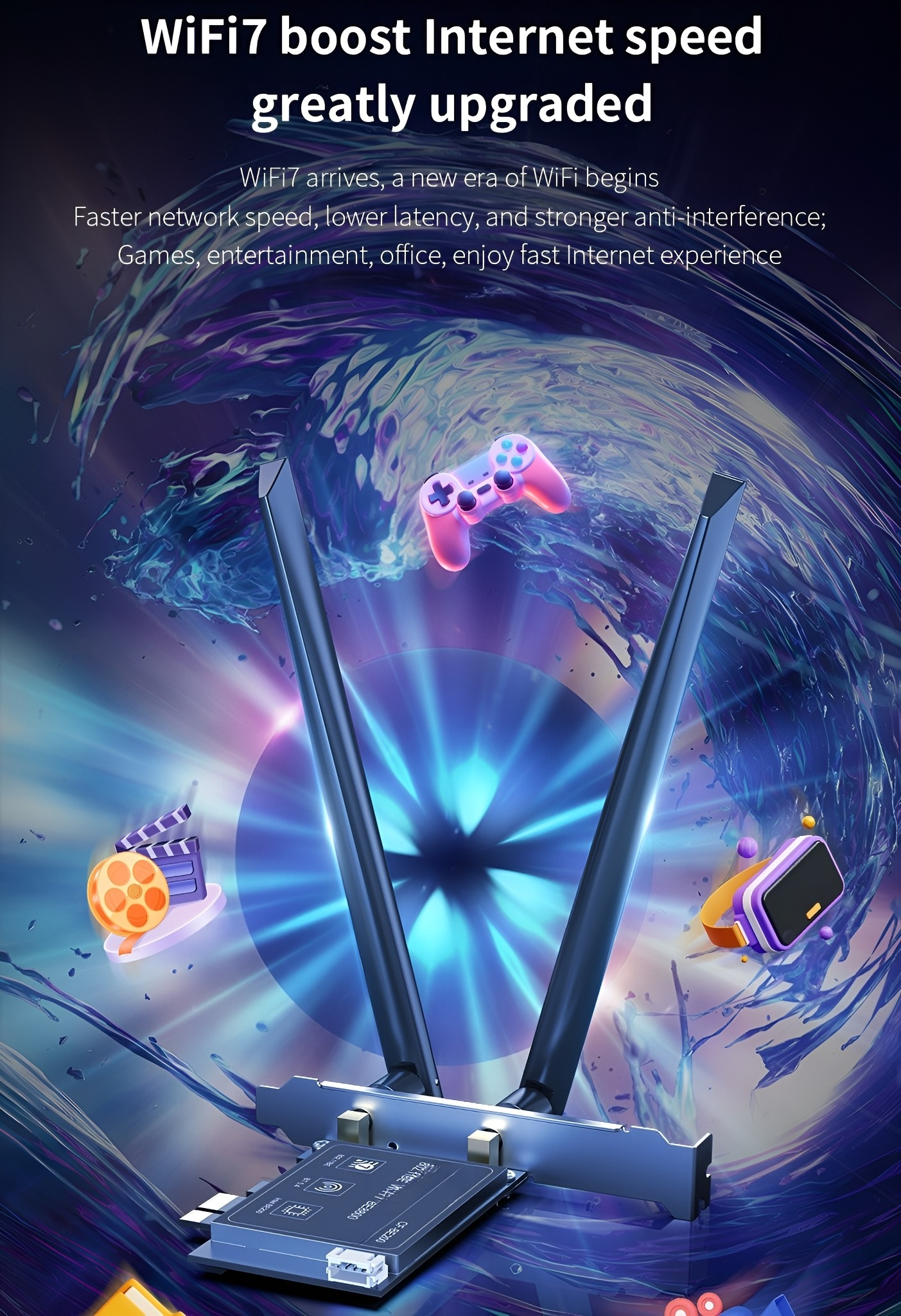 Eine Computerkomponente mit Antennen und einem Bedienfeld. Grafiken der Internetgeschwindigkeit.