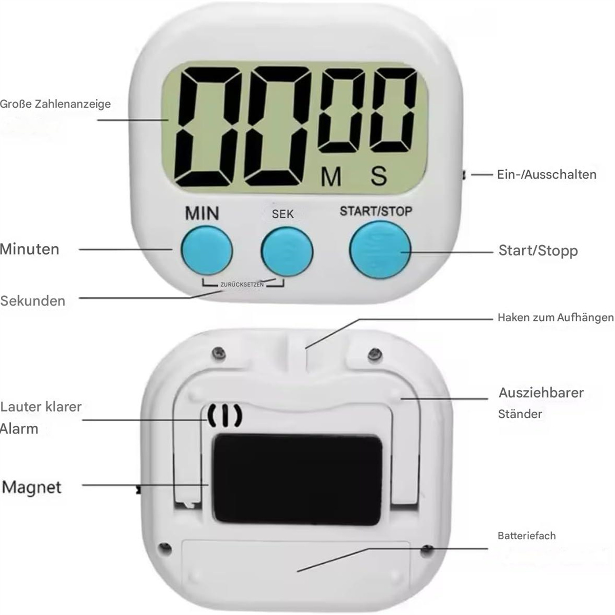 Digitaler Küchentimer mit Knöpfen und Anzeige '00:00'. Beschriftung auf Deutsch.