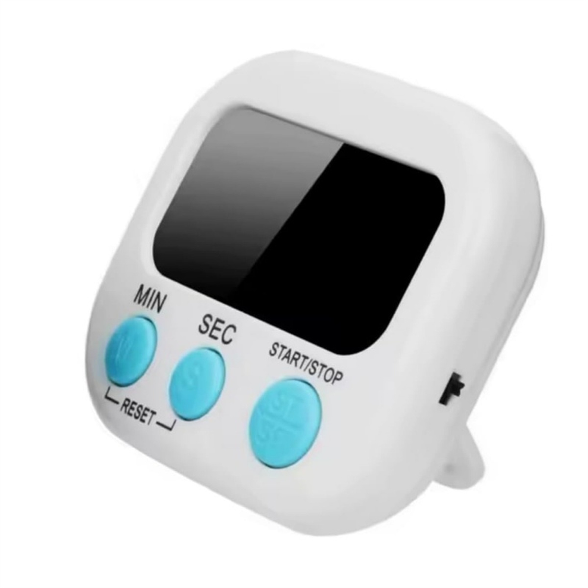 Ein weißer digitaler Timer mit blauen Tasten mit der Aufschrift MIN, SEC und START/STOP, mit schwarzem Display.