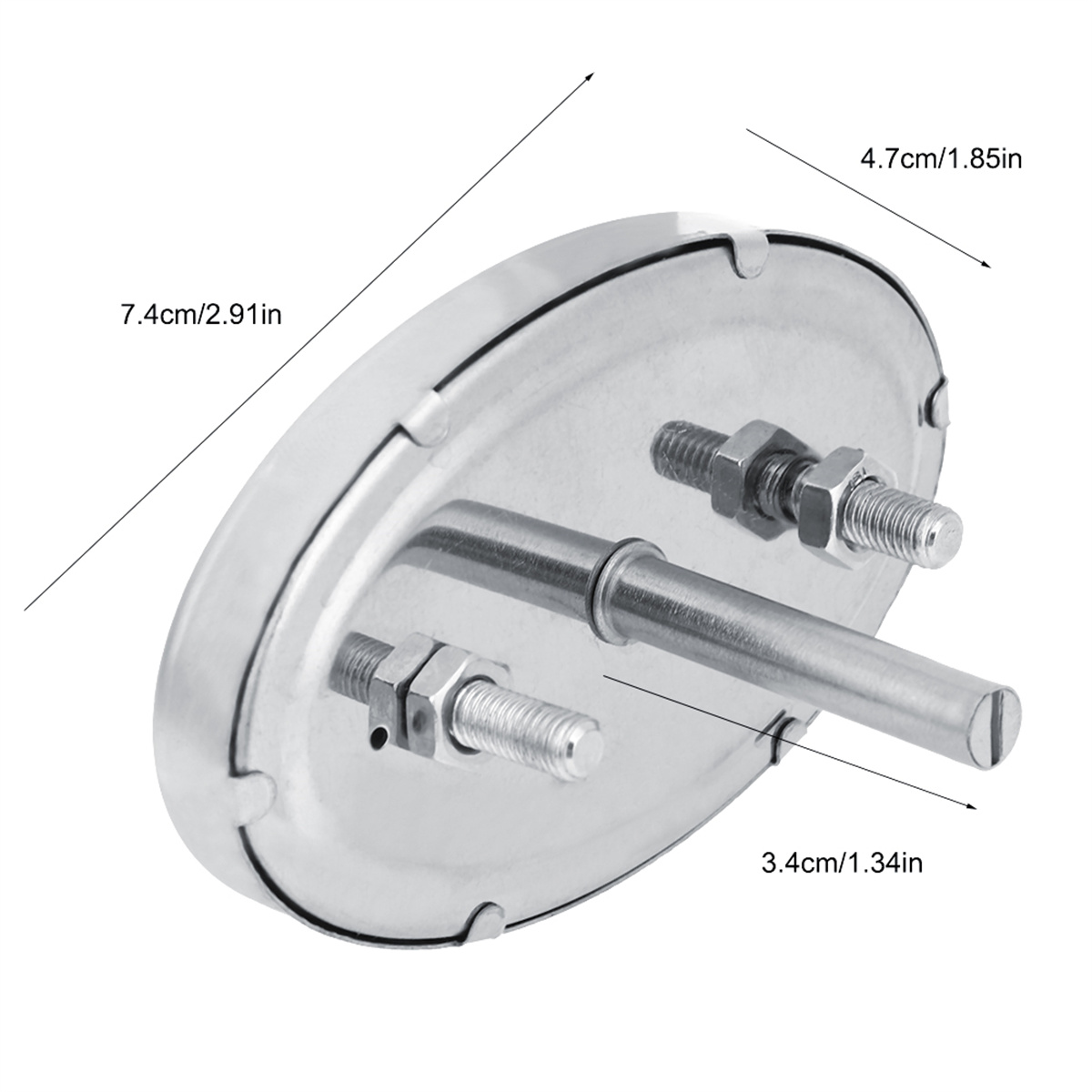 Ein Metallthermometer mit zwei Schrauben und Muttern. Es hat Abmessungen von 7,4 cm x 4,7 cm und 3,4 cm.