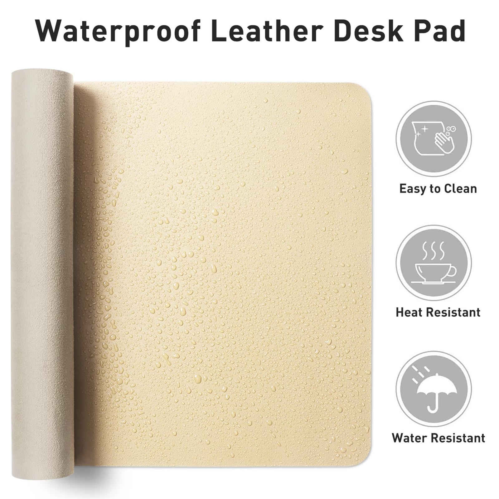 Beige wasserdichtes Leder-Schreibtischunterlage mit gerolltem Rand. Icons zeigen einfache Reinigung, Wärme- und Wasserbeständigkeit.