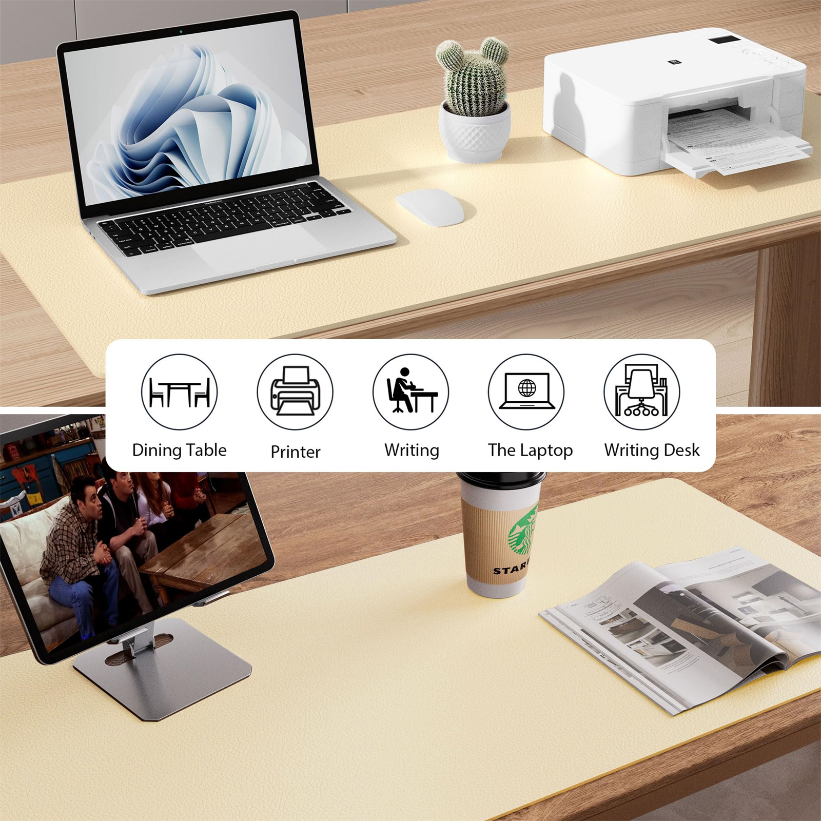 Schreibtisch mit Laptop, Drucker und Tablet, das eine Fernsehsendung zeigt.