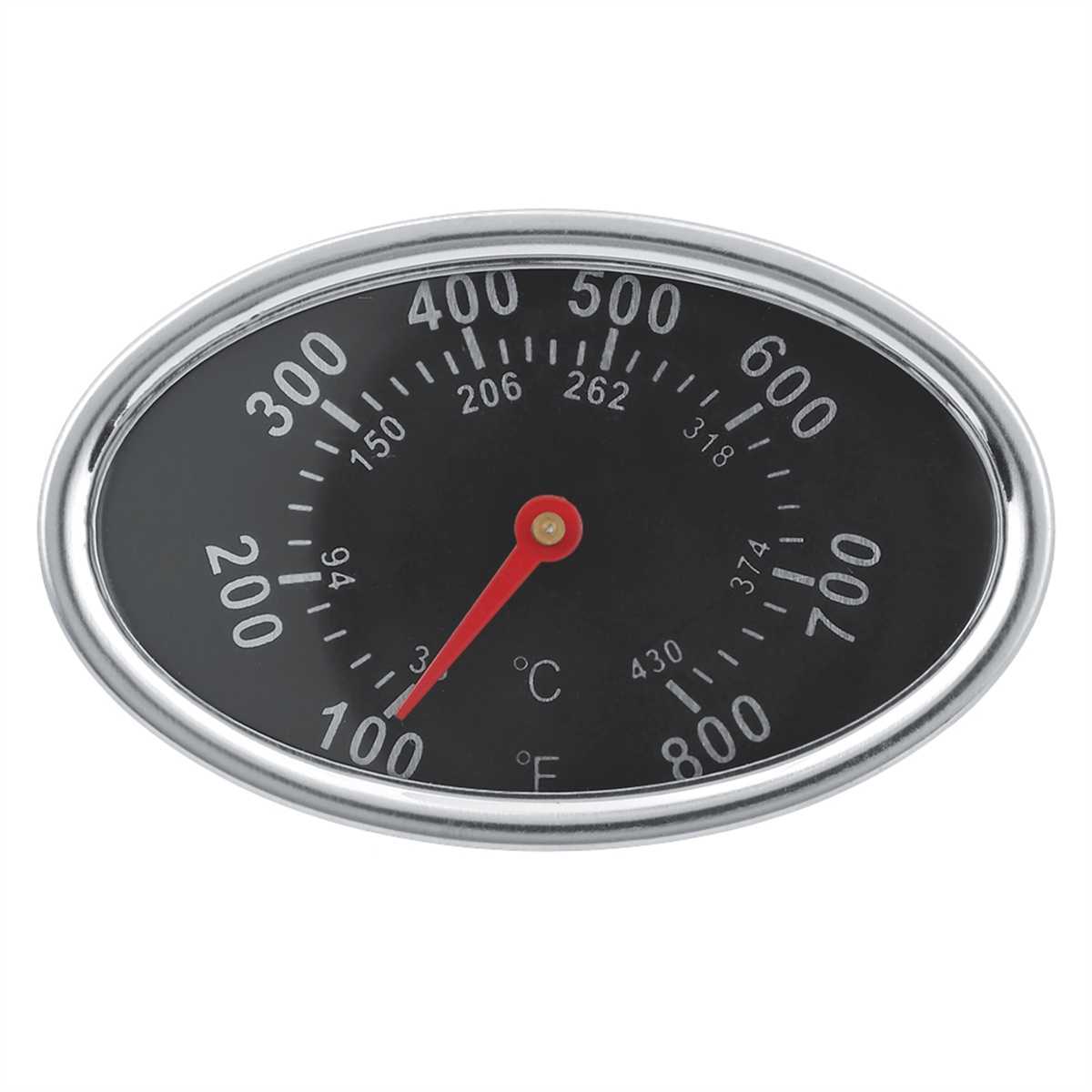 Ovales, schwarzes Grillthermometer mit roter Nadel und Temperaturmarkierungen.