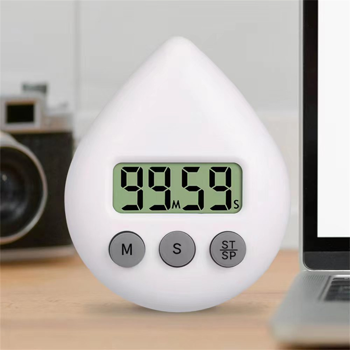 Weißer tropfenförmiger Timer. Zeigt Zahlen an und hat drei Tasten.