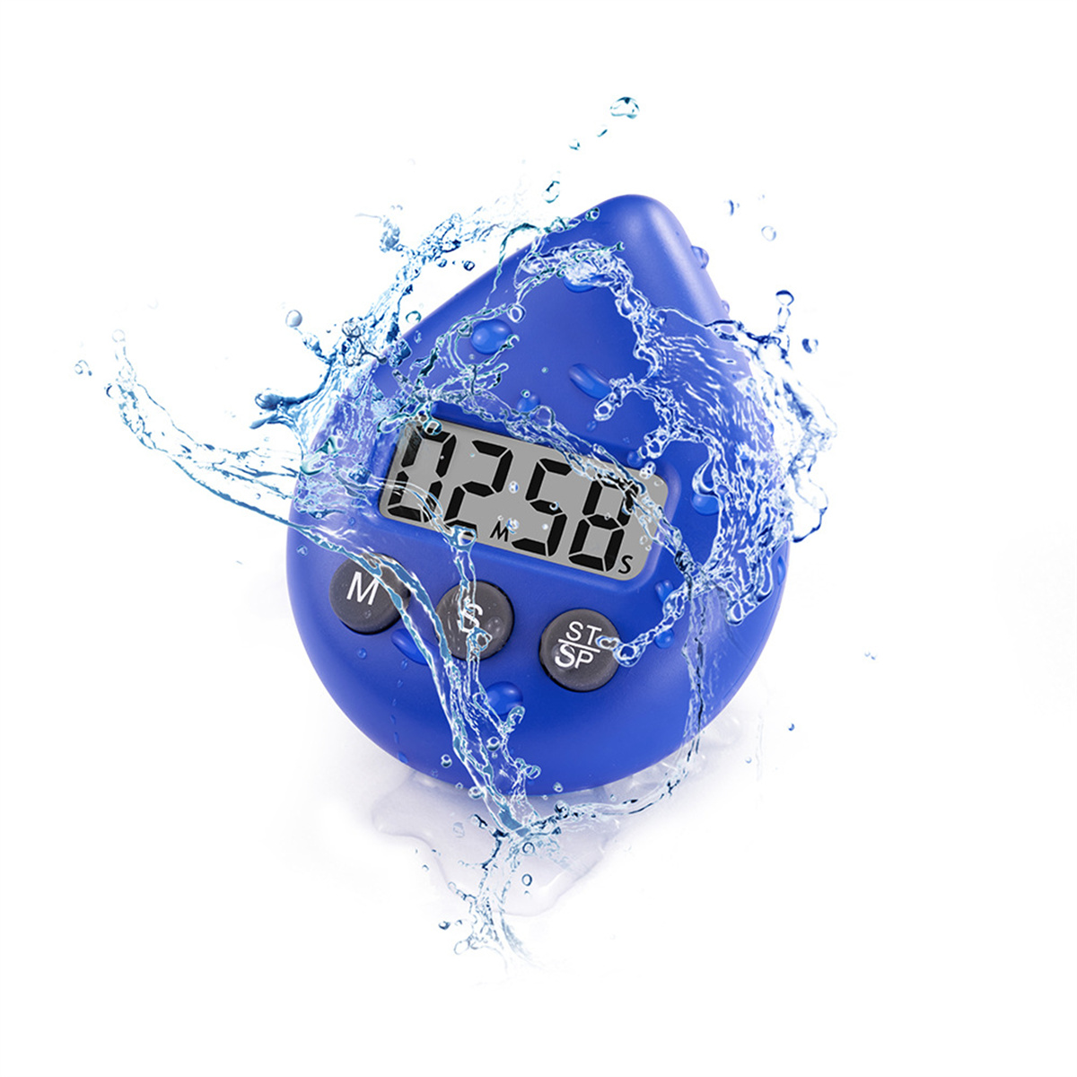 Blauer digitaler Küchentimer mit Wasserspritzeffekt. Zeigt 02:58 an. Hat drei Knöpfe.