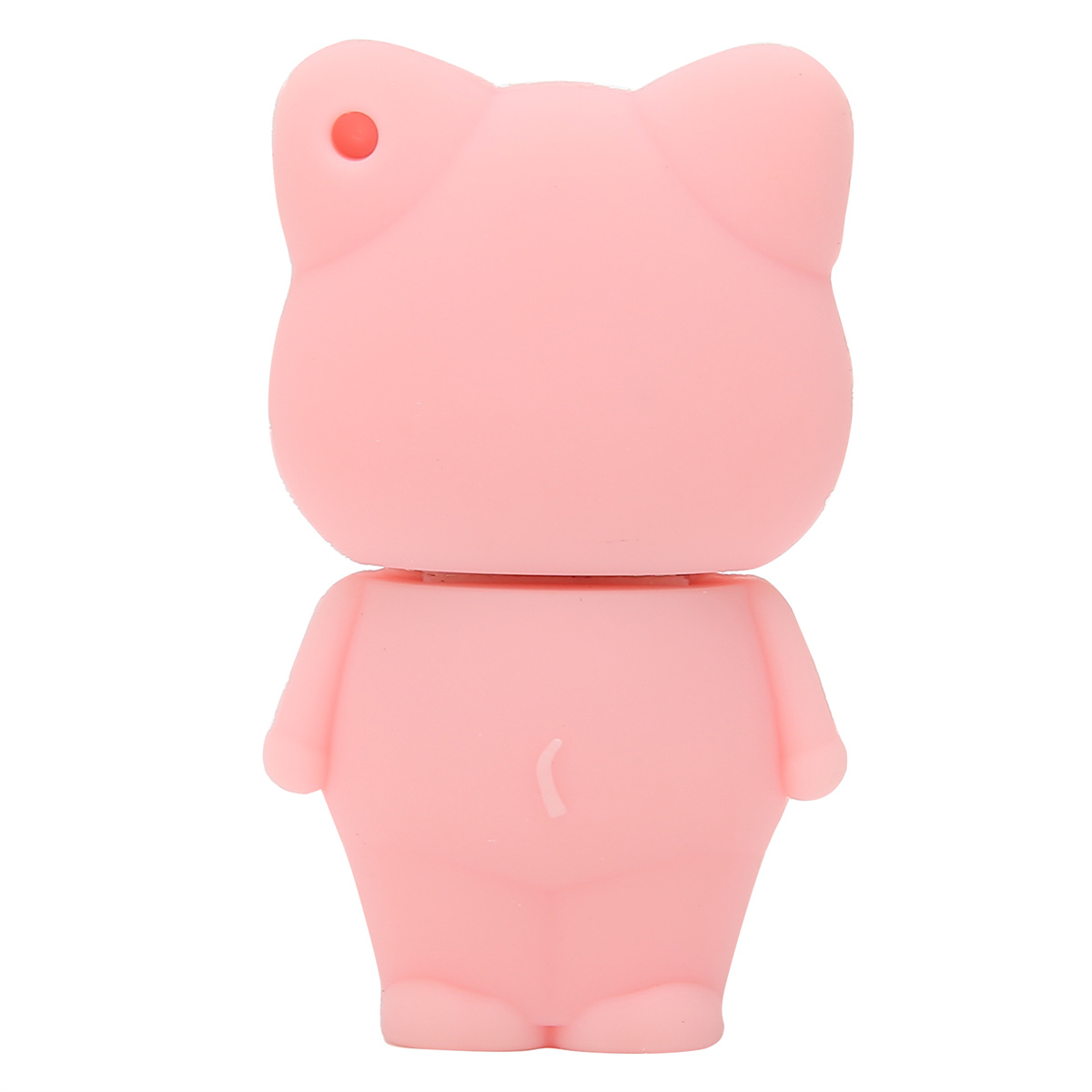 Ein rosa bärenförmiger USB-Stick. Der USB-Stick steht aufrecht auf einer weißen Oberfläche.