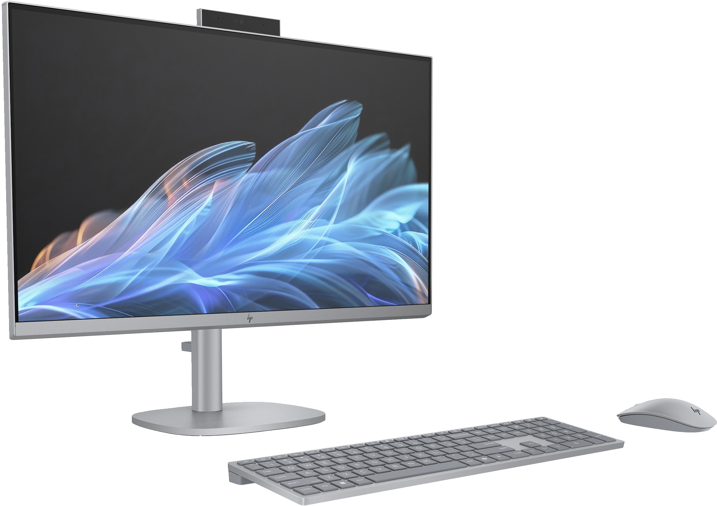 Srebrny monitor HP z klawiaturą i myszą. Ekran wyświetla niebieski i fioletowy obraz abstrakcyjny.