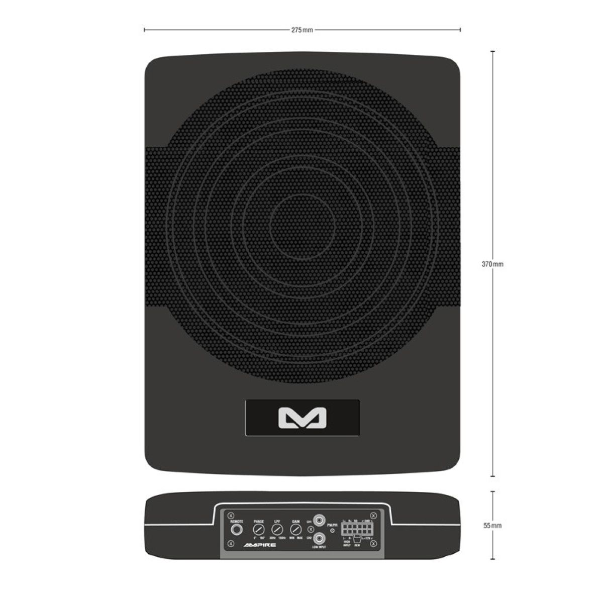 Ein schwarzer Subwoofer mit beschrifteten Abmessungen. Er hat ein schwarzes Gitter und Eingangs-/Ausgangsanschlüsse.