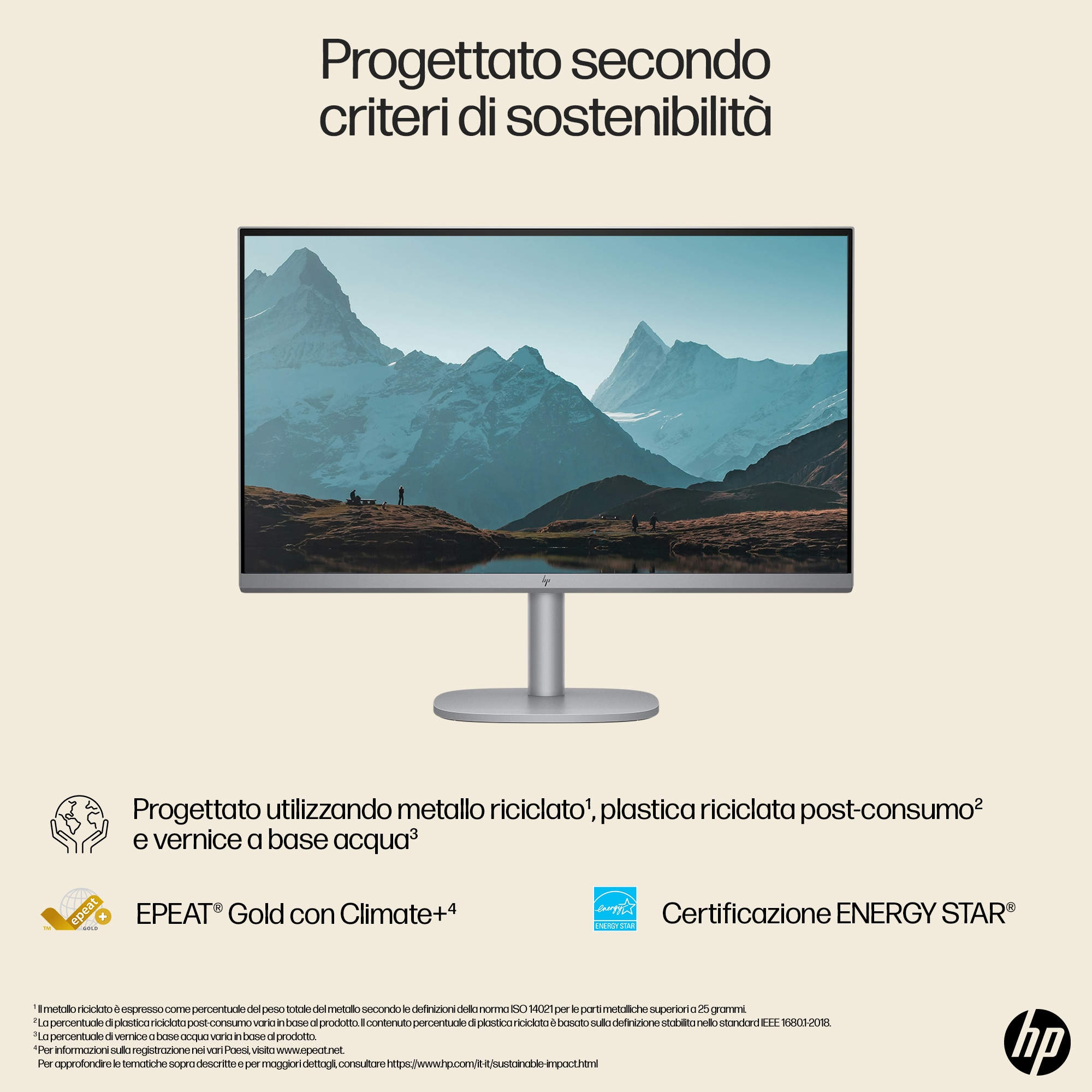 Srebrny monitor wyświetlający krajobraz z ludźmi, na białej powierzchni. Widoczne logo HP.