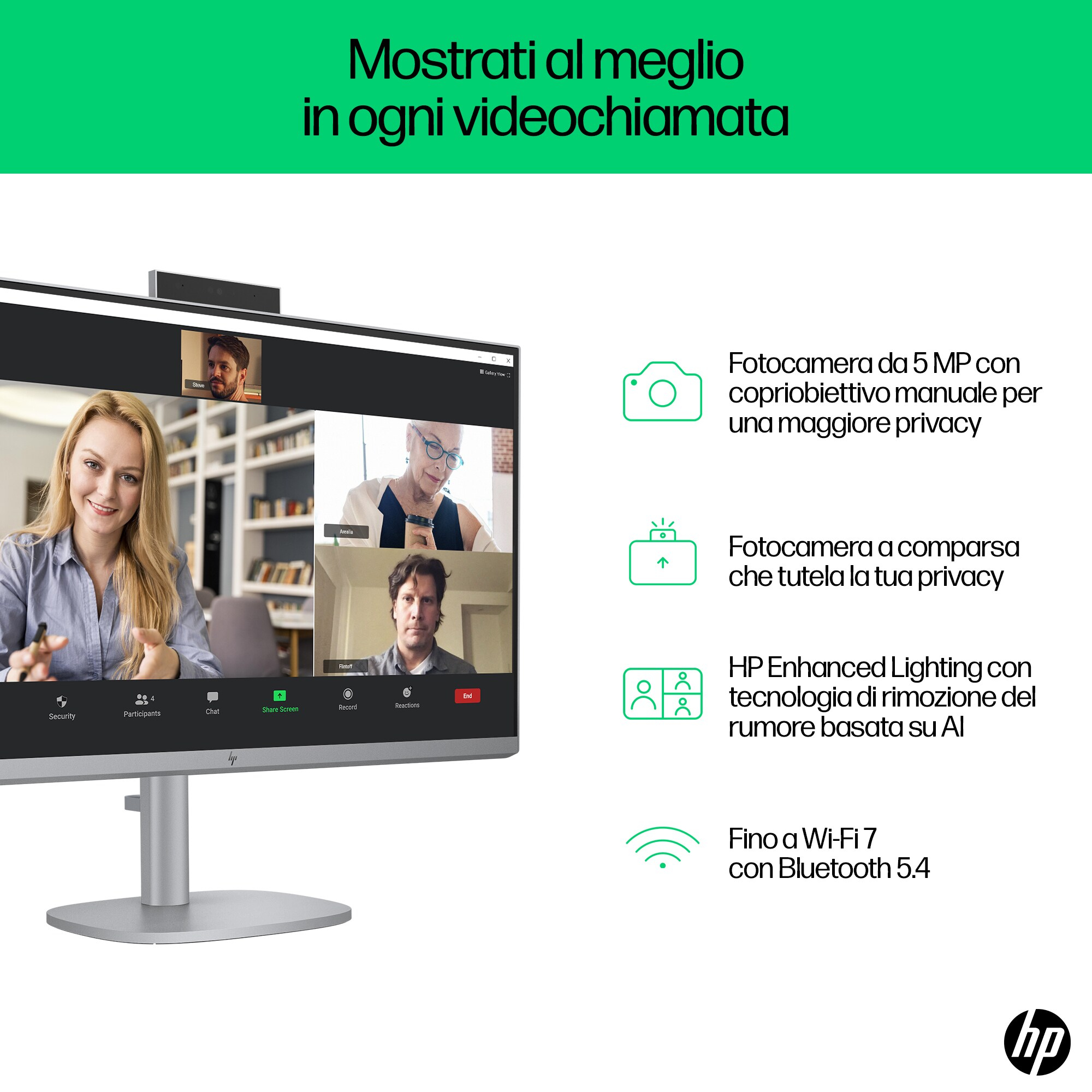 Wyświetlacz pokazujący rozmowę wideo z wieloma uczestnikami. Widoczna marka HP.