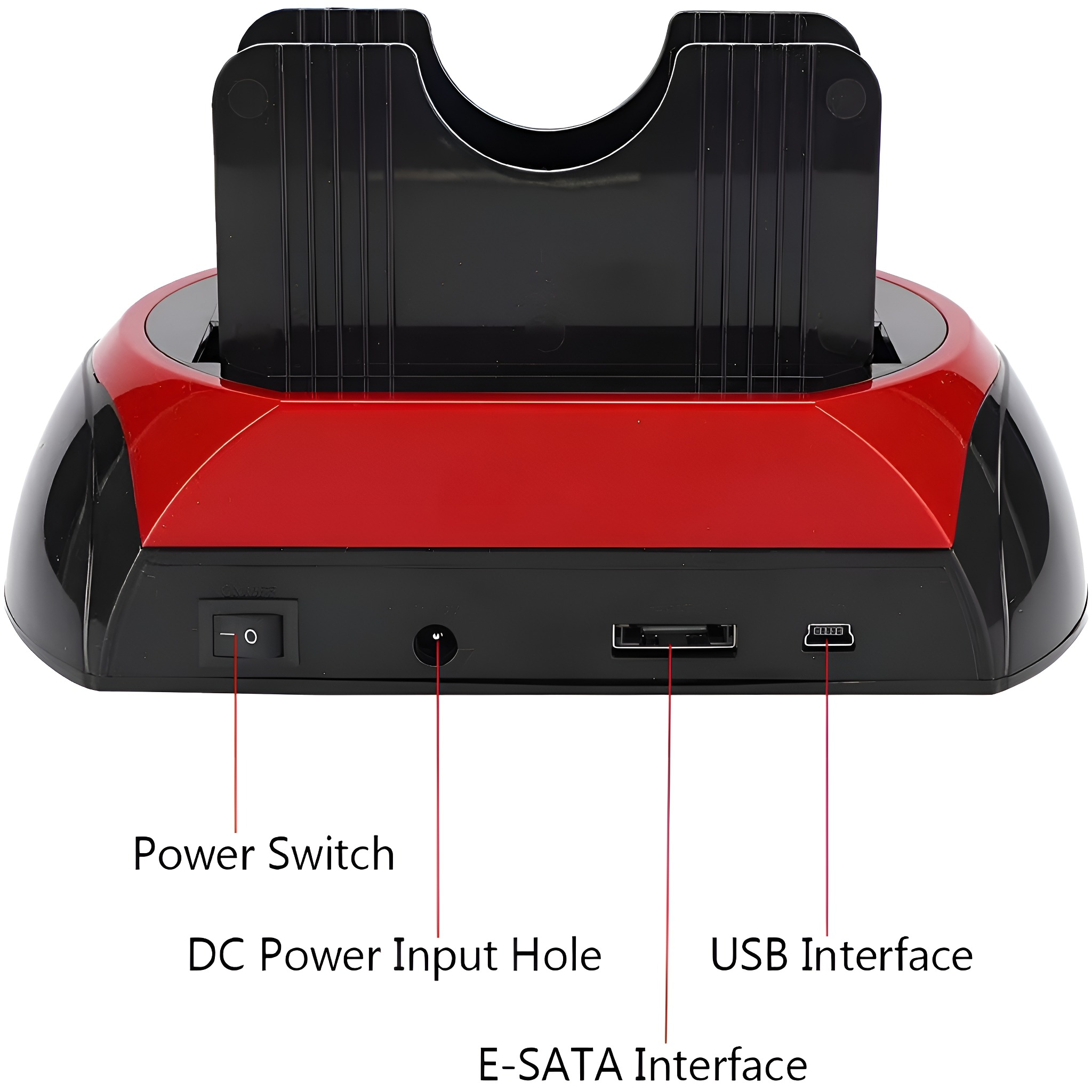Rotes und schwarzes Gerät mit Netzschalter, DC-Eingang, USB- und E-SATA-Anschlüssen.