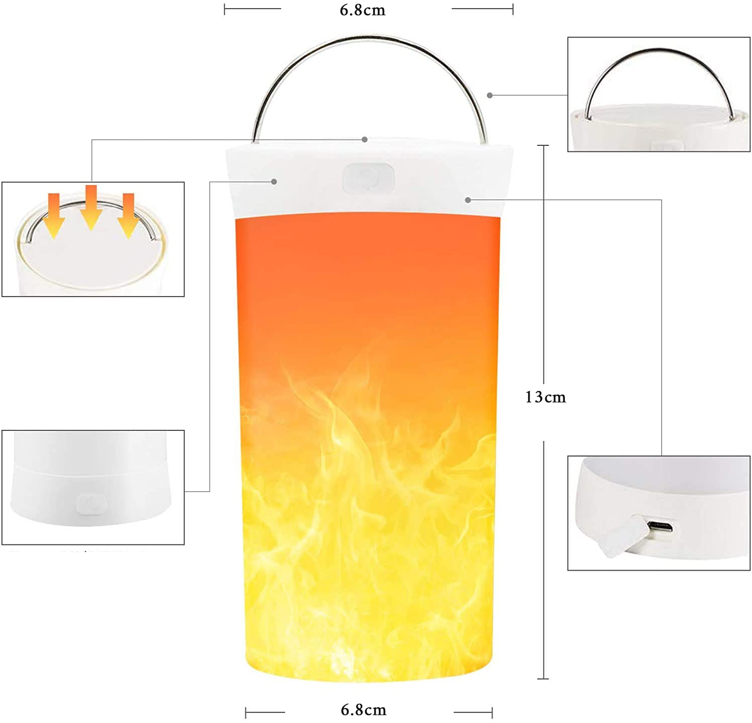Tragbare Lampe mit Flammeneffekt, orange-gelb, mit Griff und Maßen.