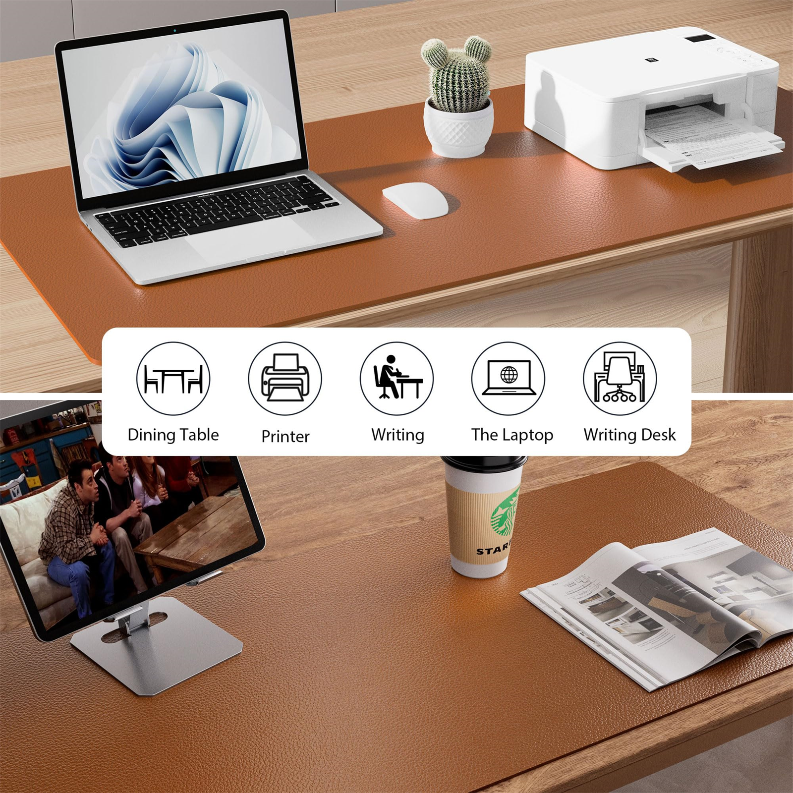 Schreibtisch mit Laptop, Drucker, Kaktus und Kaffeetasse; Symbole für Schreibtischaktivitäten.