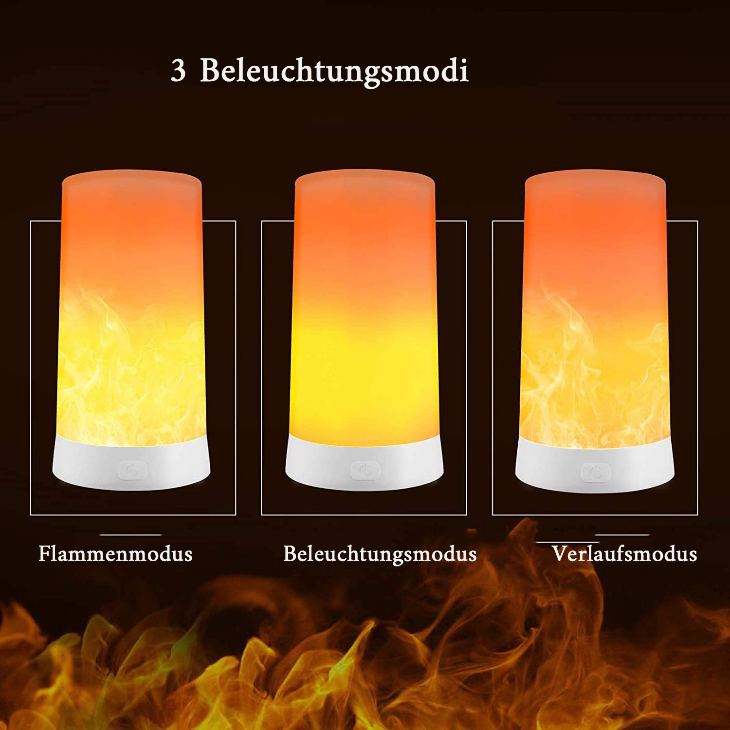Drei Lampen, die verschiedene Flammenmodi zeigen. Die Lampen sind weiß, mit orangefarbenen, gelben und roten Flammen.