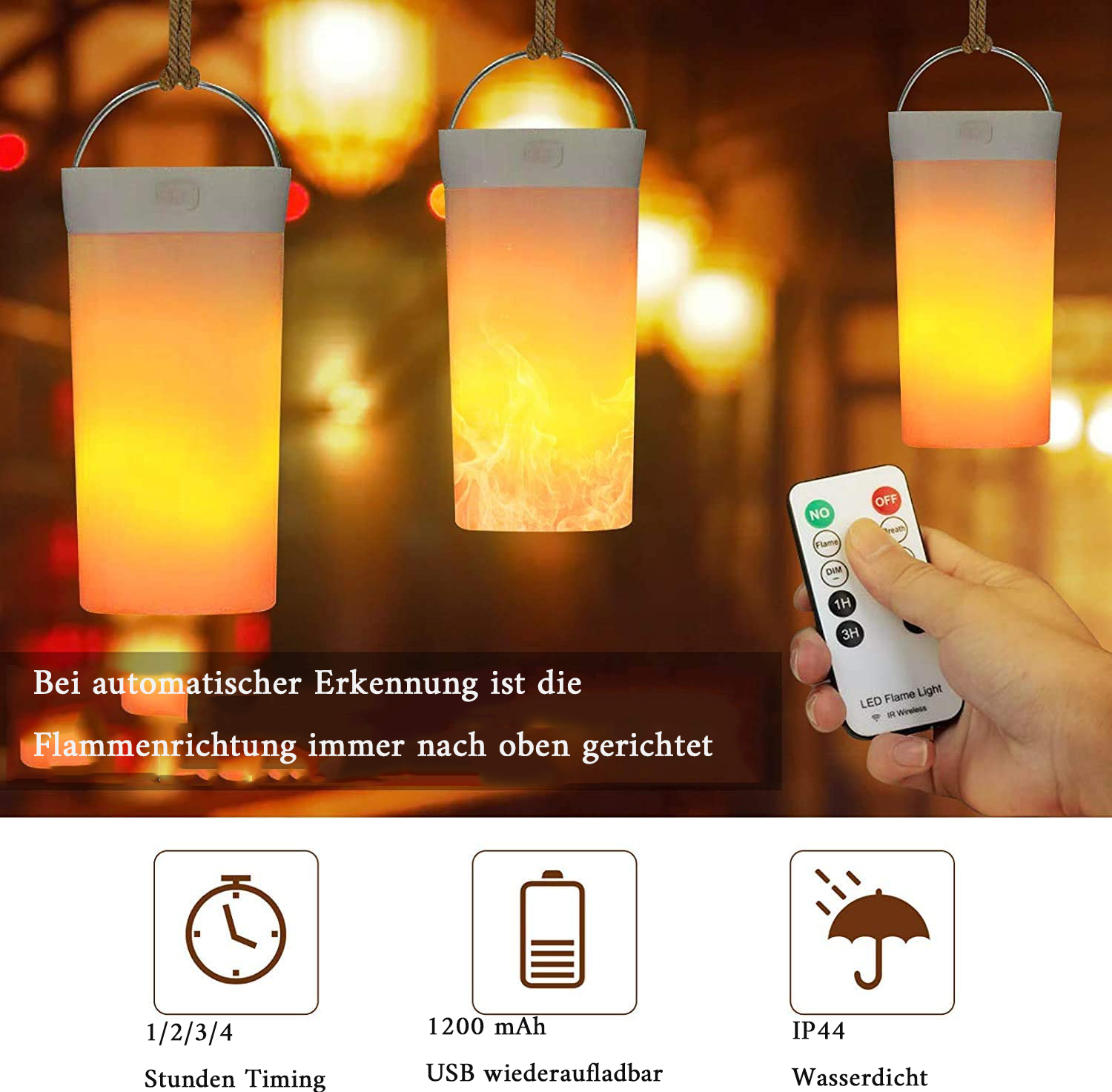 Drei hängende Flammenlichter, eine Fernbedienung und Symbole. Text darunter: 'Flammenrichtung oben'.