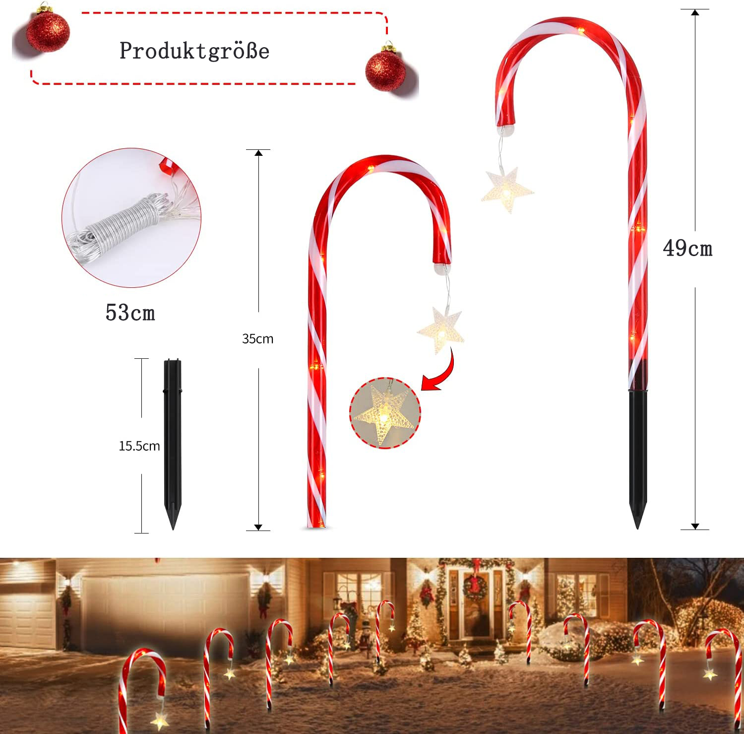 Weihnachtliche Zuckerstangen-Gartendekorationen. Rot und weiß gestreift mit Sternlichtern, auf verschneitem Boden. Abmessungen sind angegeben.