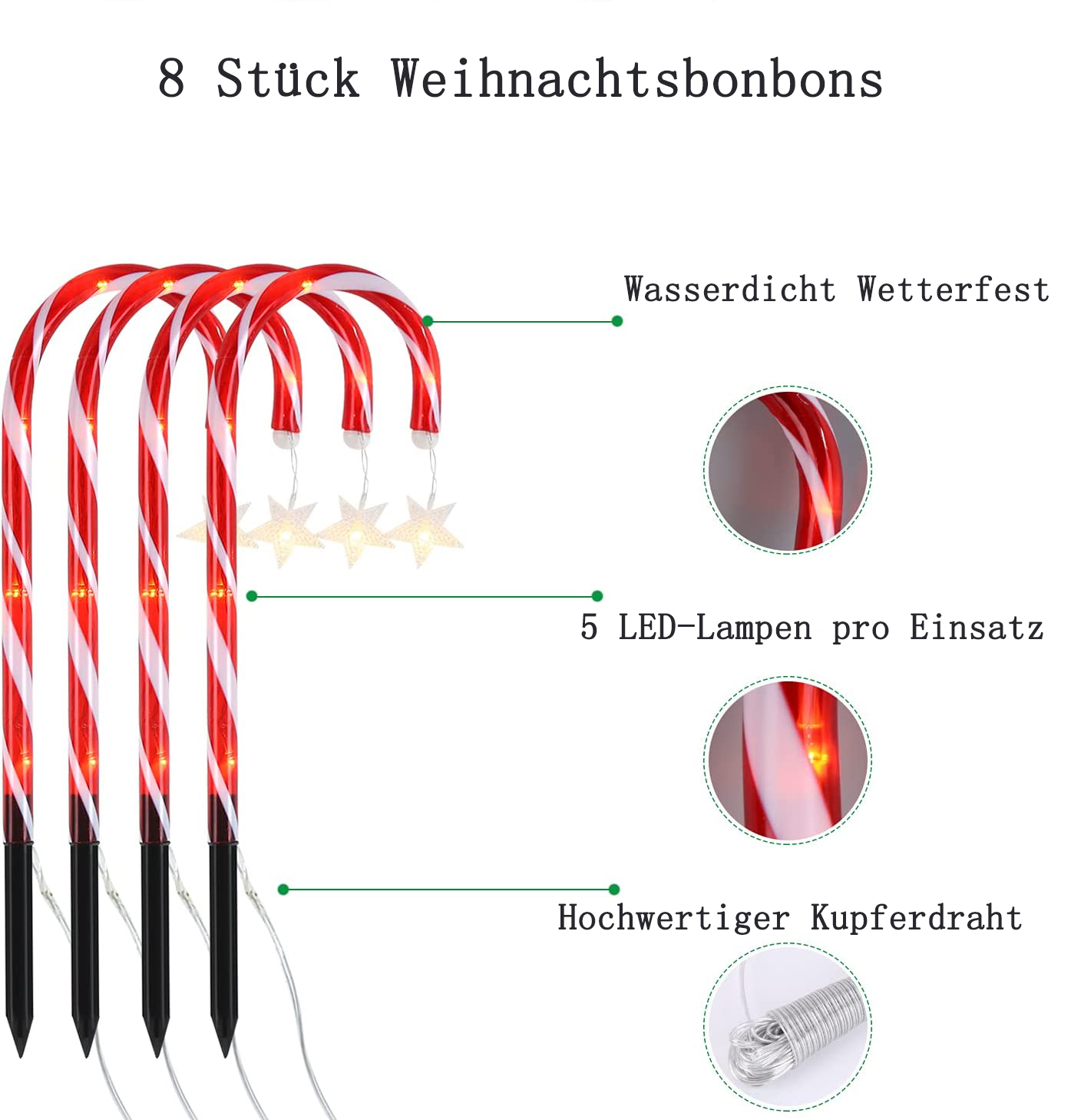 Weihnachts-Zuckerstangenlichter mit Details: wasserdicht, 5 LEDs, Kupferdraht.