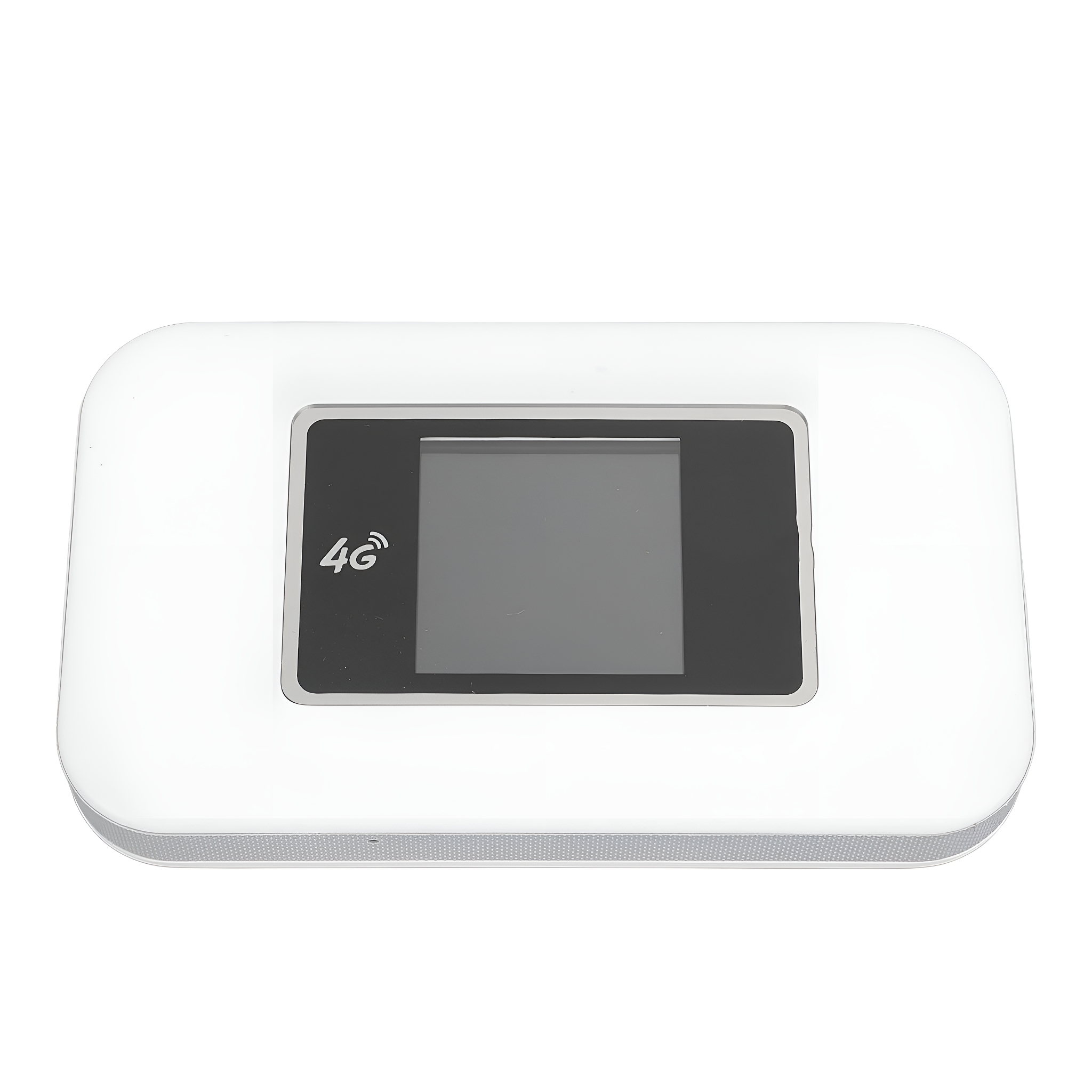 Weißes 4G-WLAN-Hotspot-Gerät mit Bildschirm. Es hat ein 4G-Logo. Weißer Hintergrund.