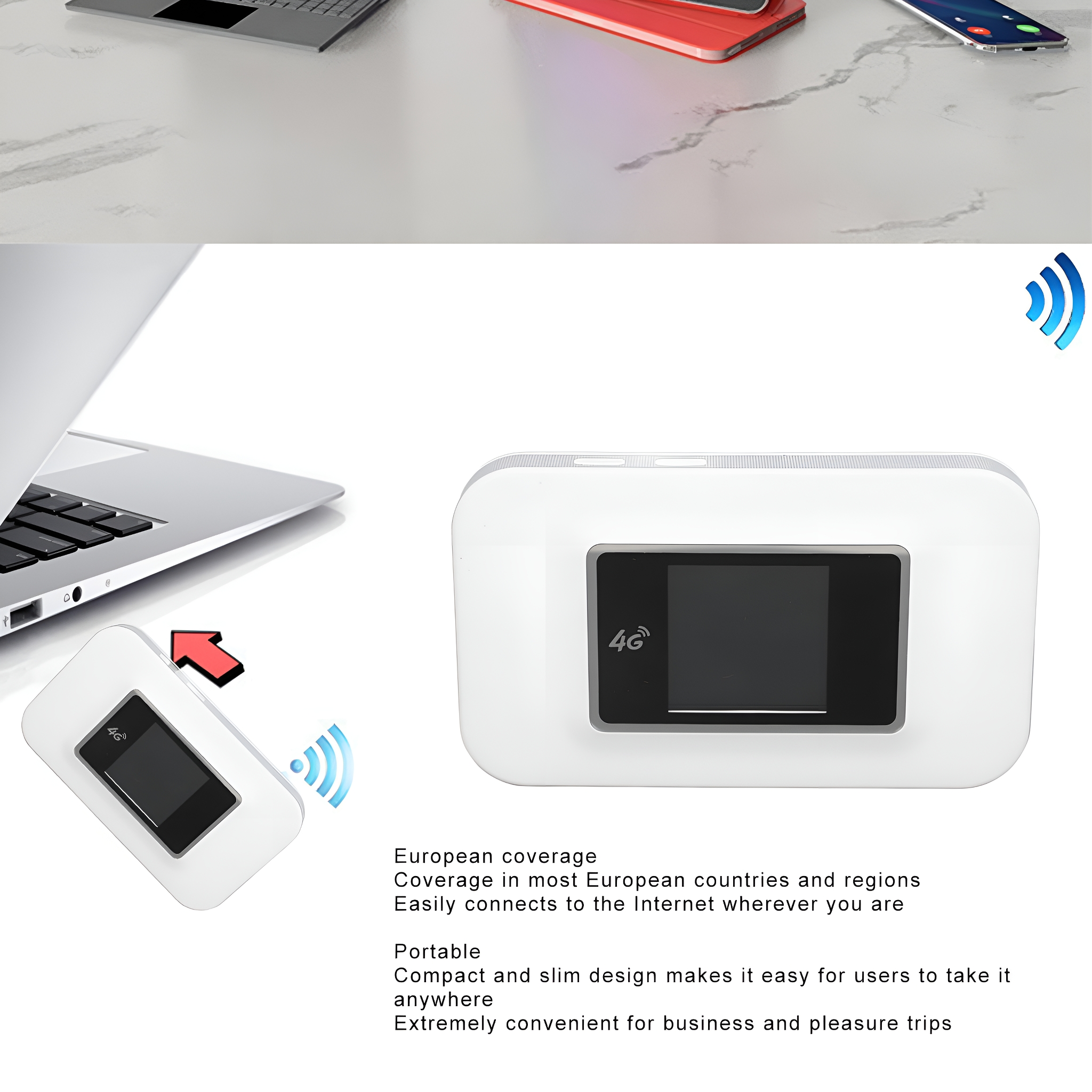 Ein weißer tragbarer Router mit einem 4G-Symbol. Zeigt die Verbindung mit einem anderen Gerät.
