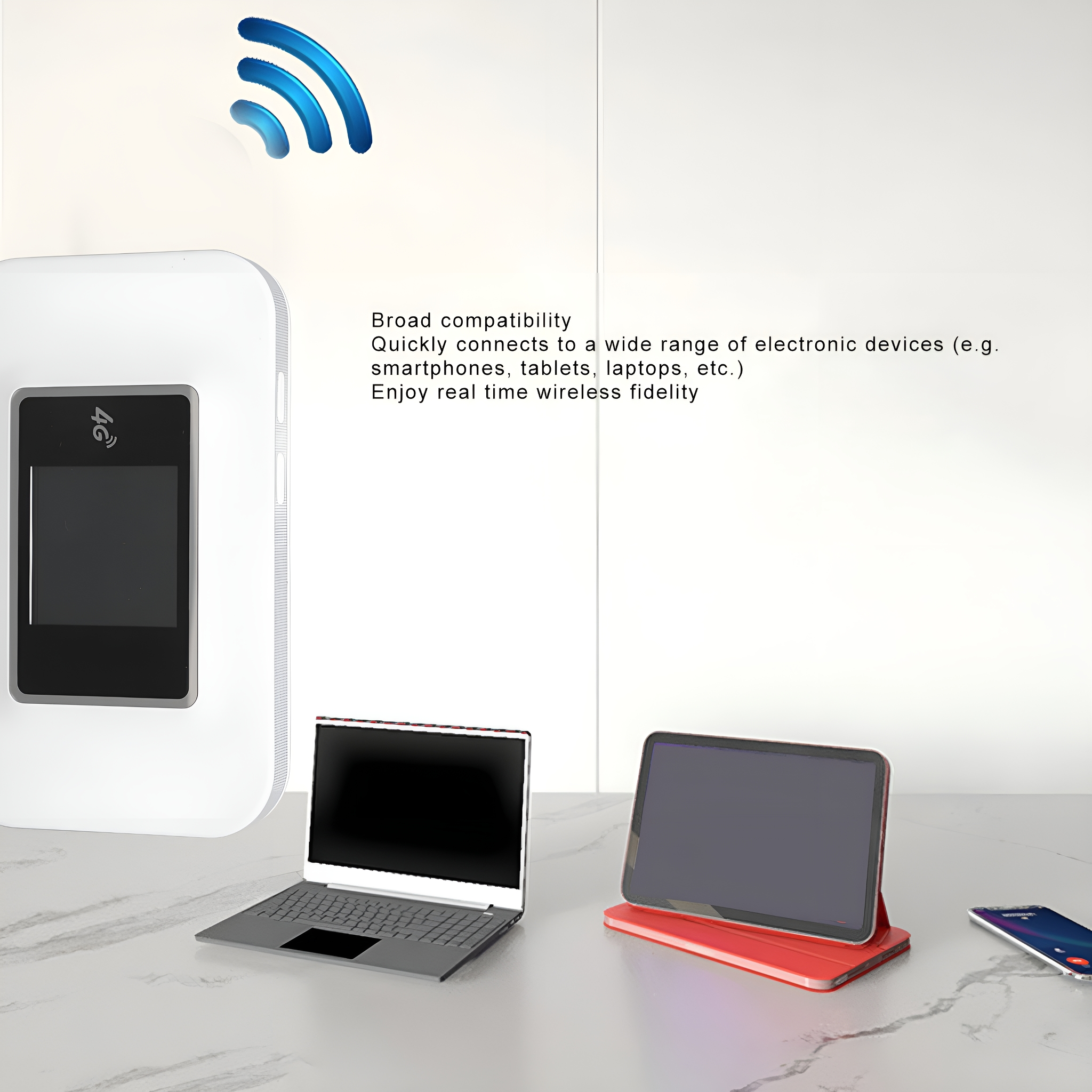 Weißes und graues Gerät mit Laptop, Tablet und Telefon. Text über Kompatibilität.