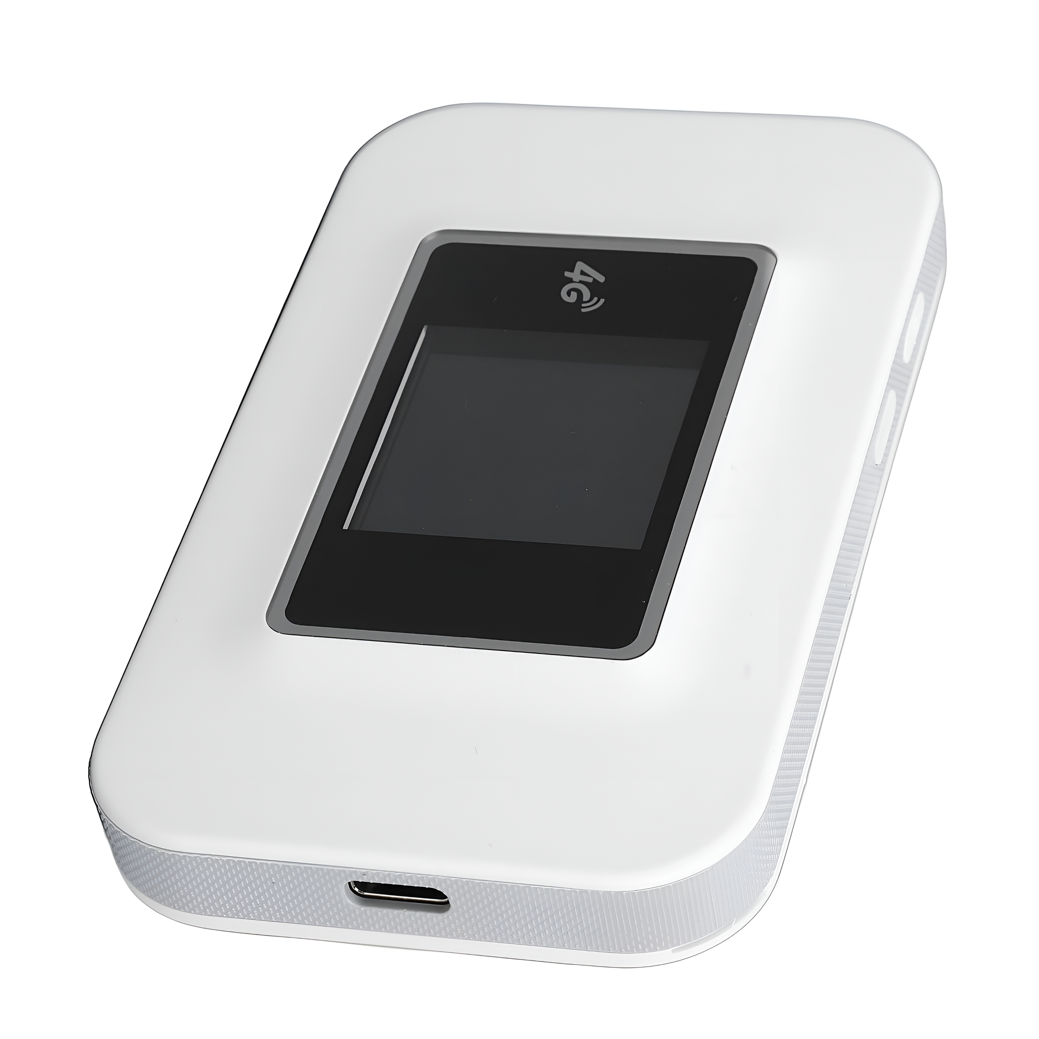 Ein weißer tragbarer Router mit einem kleinen Bildschirm, der ein 4G-Symbol anzeigt.