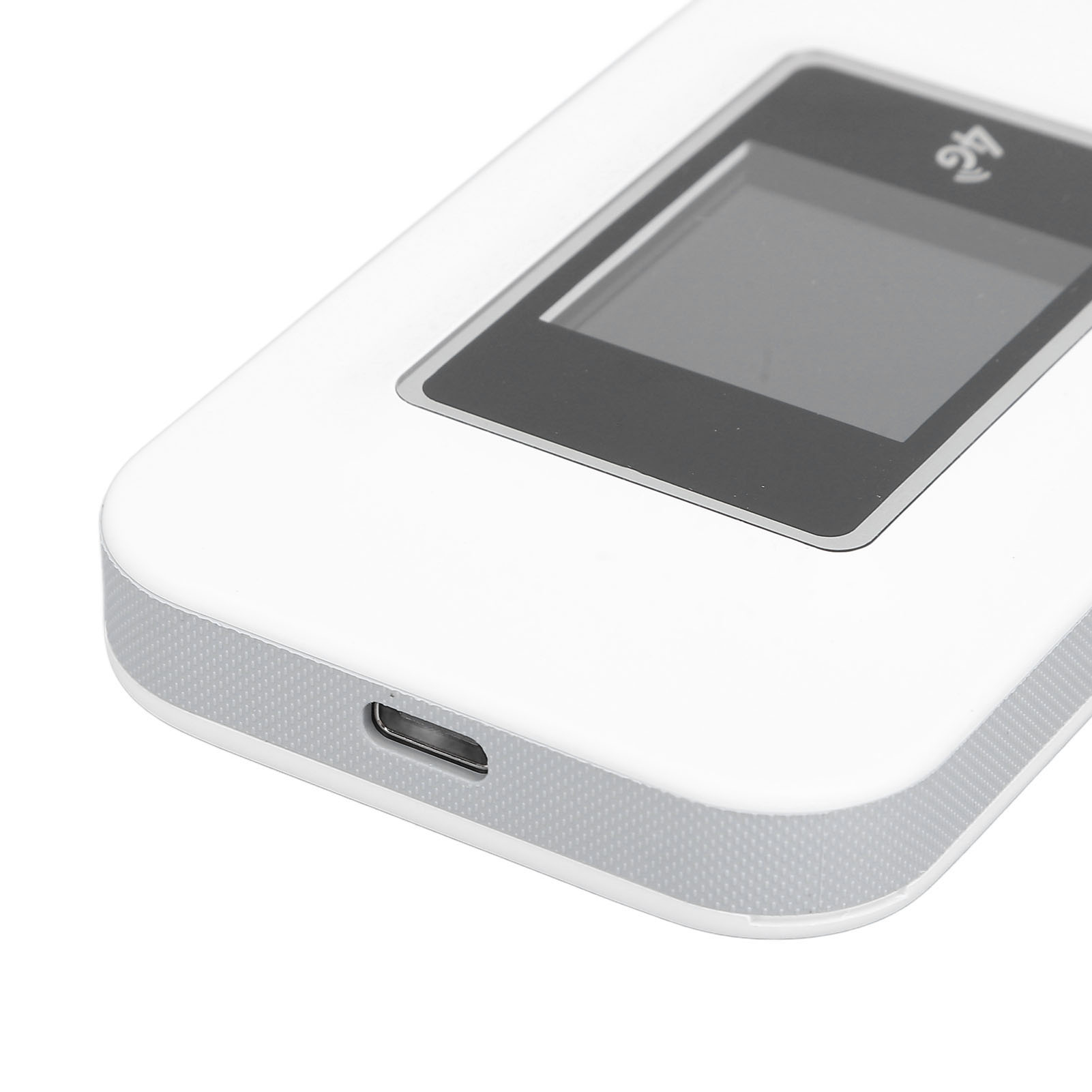 Ein weißes 4G-mobiles Hotspot-Gerät mit Bildschirm und USB-Anschluss an der Seite.