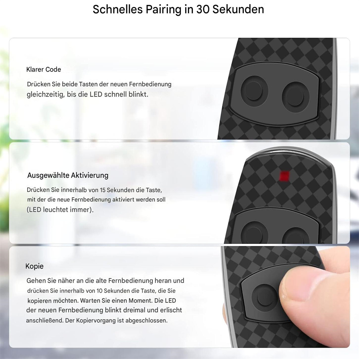 Anweisungen für eine Fernbedienung mit Diagrammen und Text.