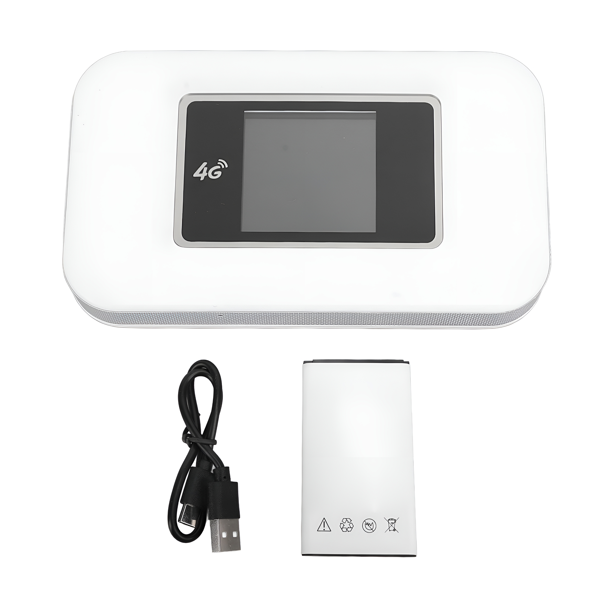 Weißer 4G-WLAN-Router mit schwarzem USB-Kabel und weißem Akku.