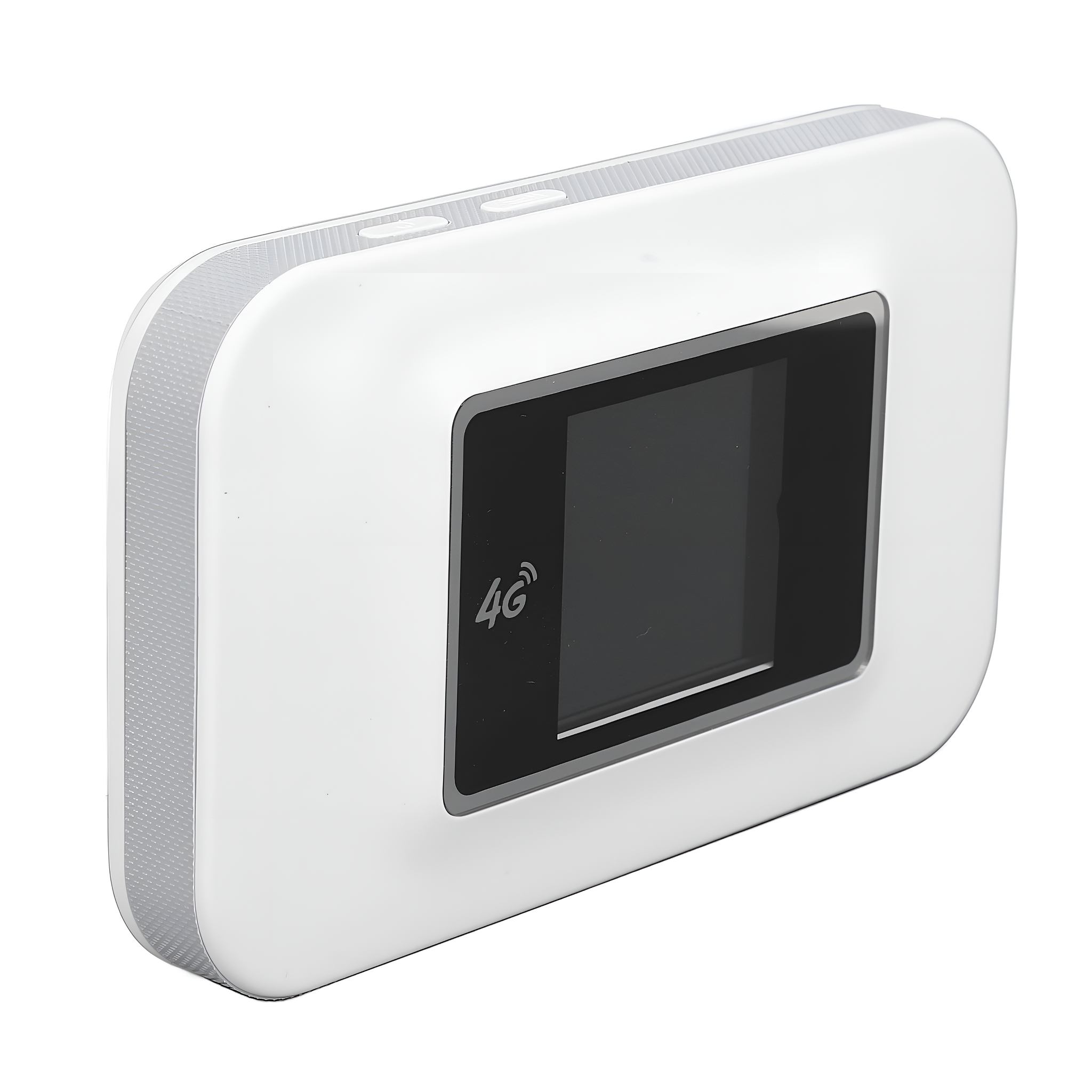 Weißer 4G-WLAN-Router mit einem Bildschirm, der '4G' anzeigt. Er hat eine graue Zierleiste.