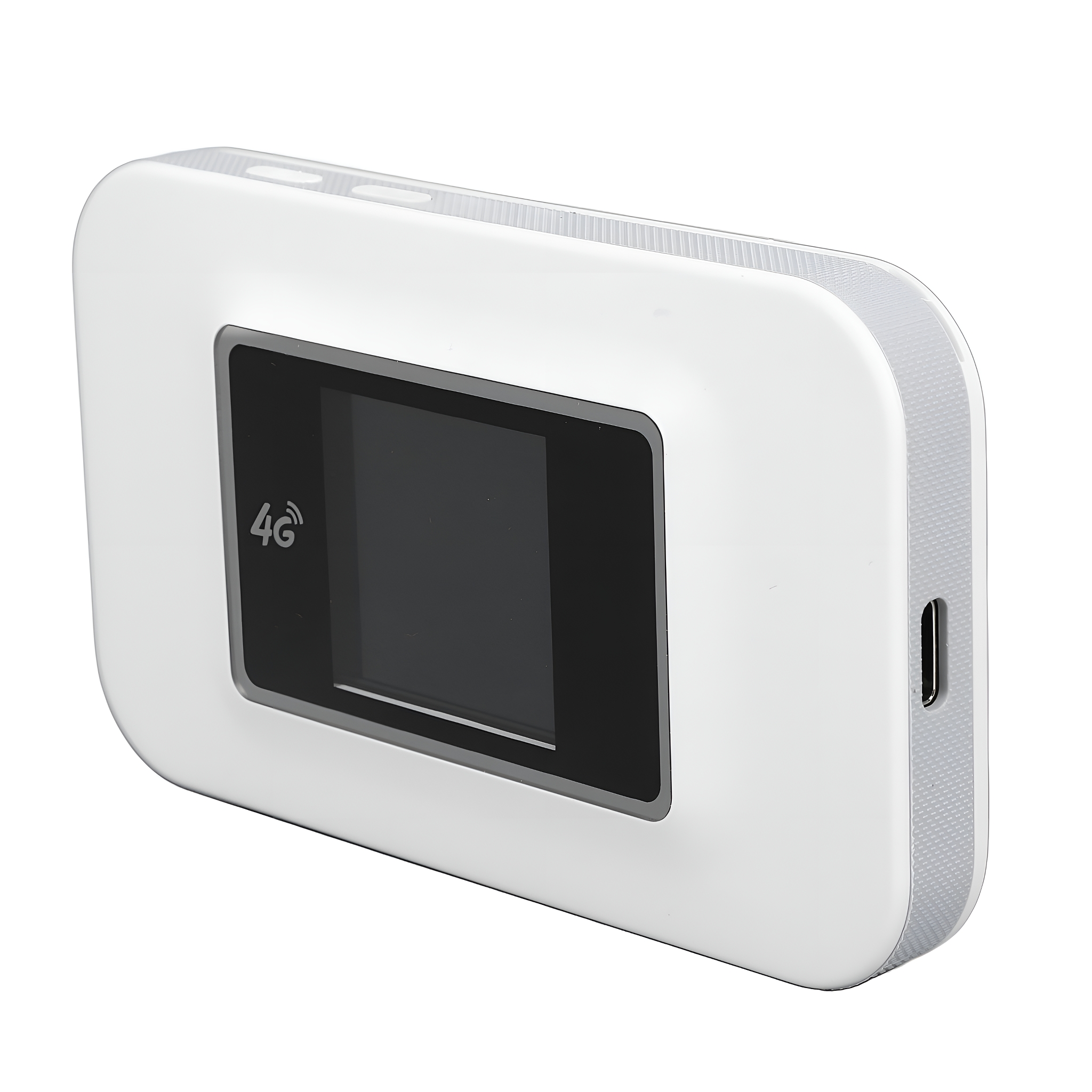 Weißer 4G-Router mit kleinem Bildschirm, 4G-Logo. Graue Akzente.